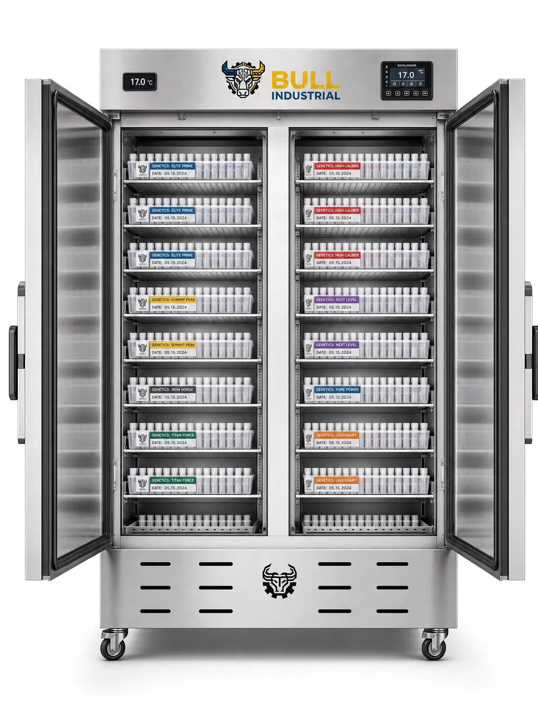 Interior do BS-1500 — organização por genética e data com etiquetas coloridas