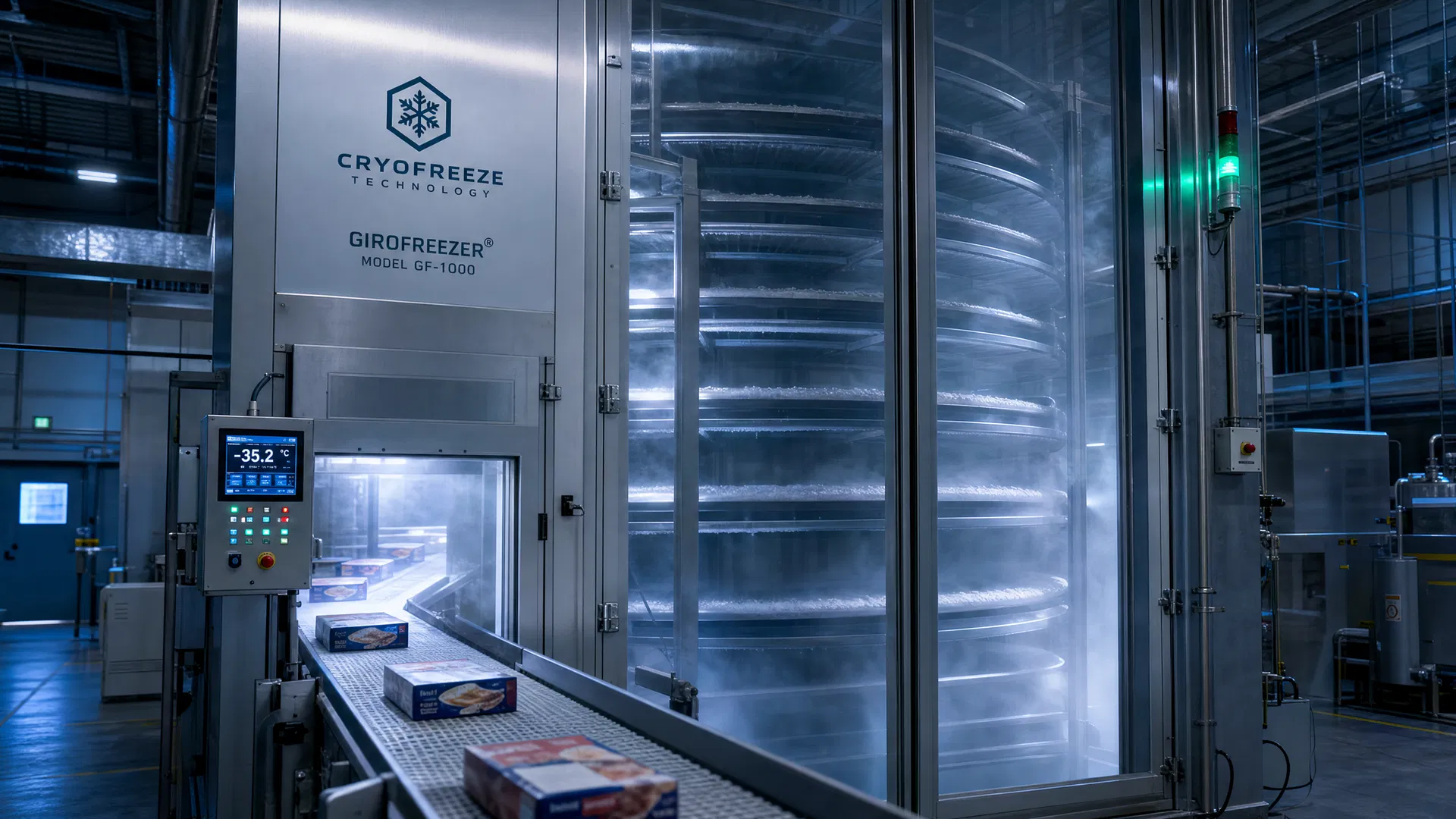 Girofreezer industrial em operação — congelamento contínuo de alimentos