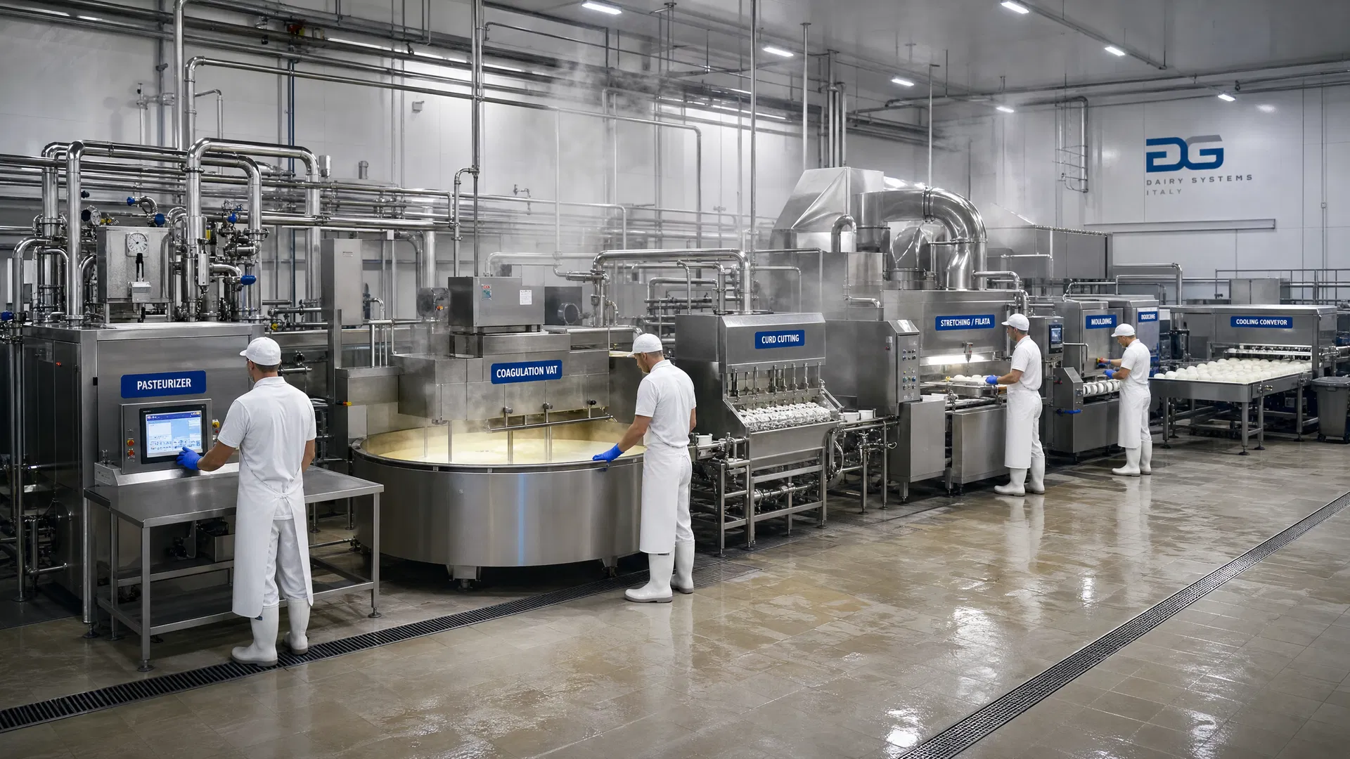 Linha completa de queijo mussarela em operação — fluxo integrado