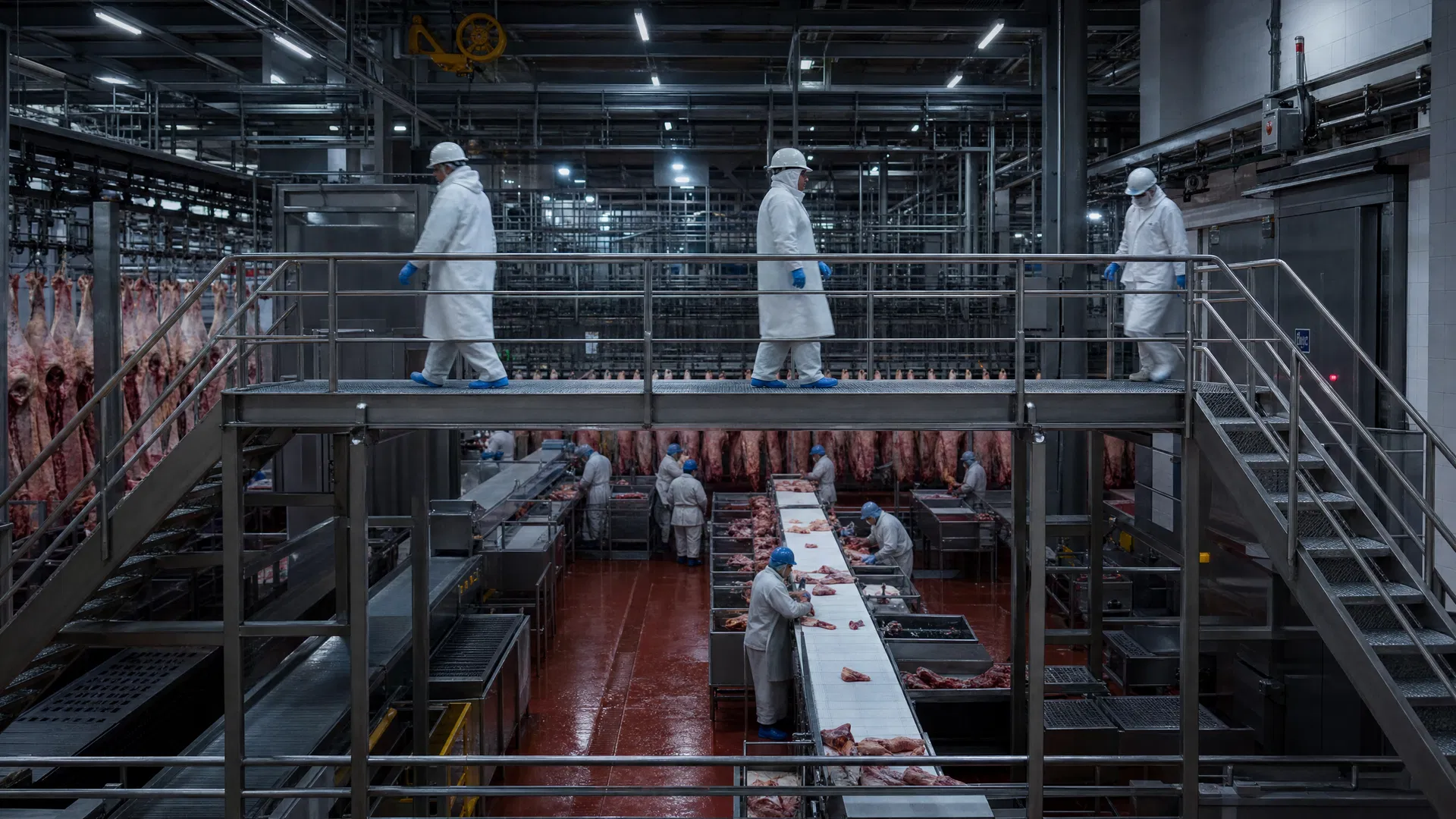Plataforma de transpasse sobre linha produtiva — frigorífico