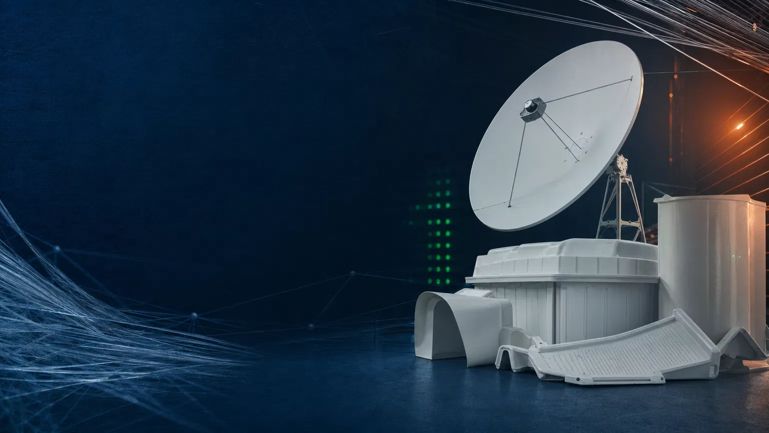 Ambiente técnico com produtos de fibra e linhas de conexão