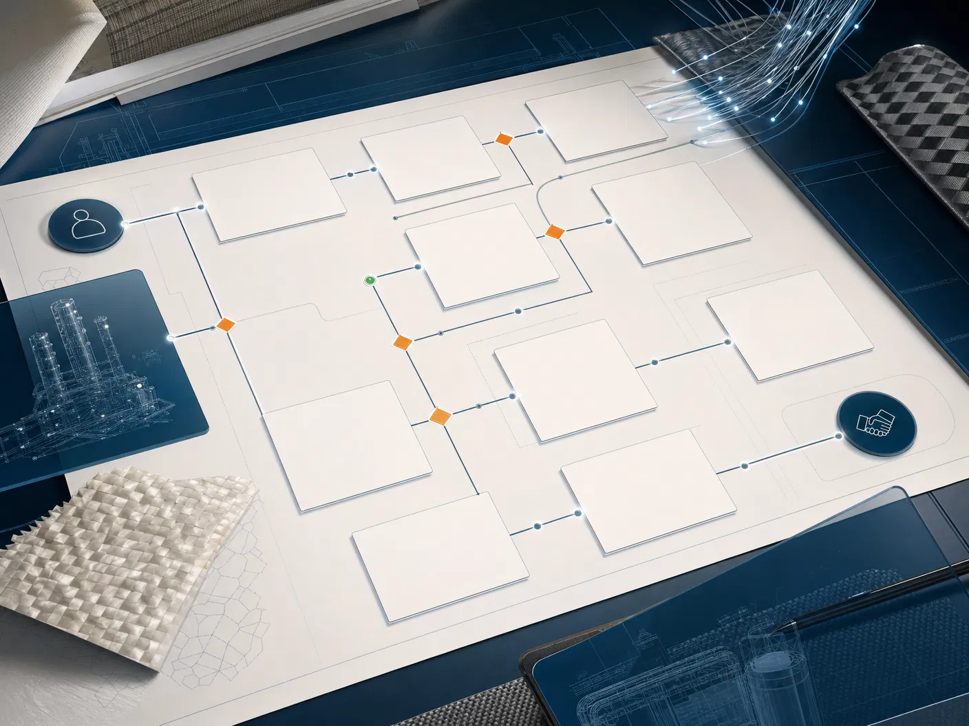 Fluxo comercial em estilo blueprint