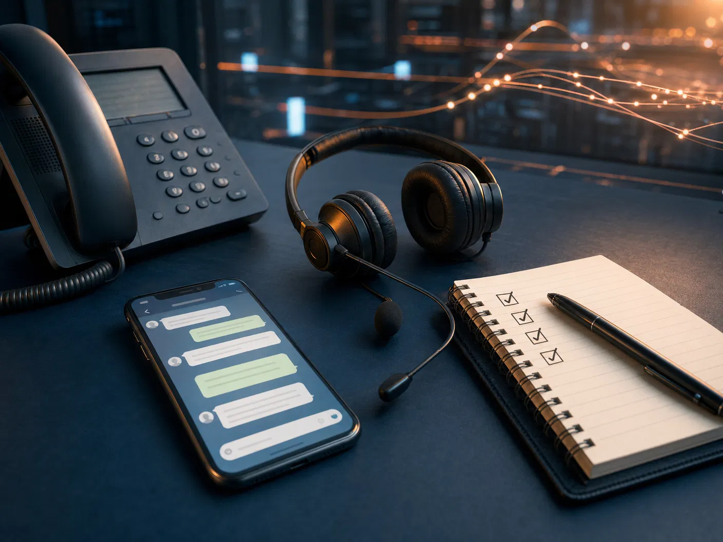 Mesa de atendimento com telefone, headset e smartphone