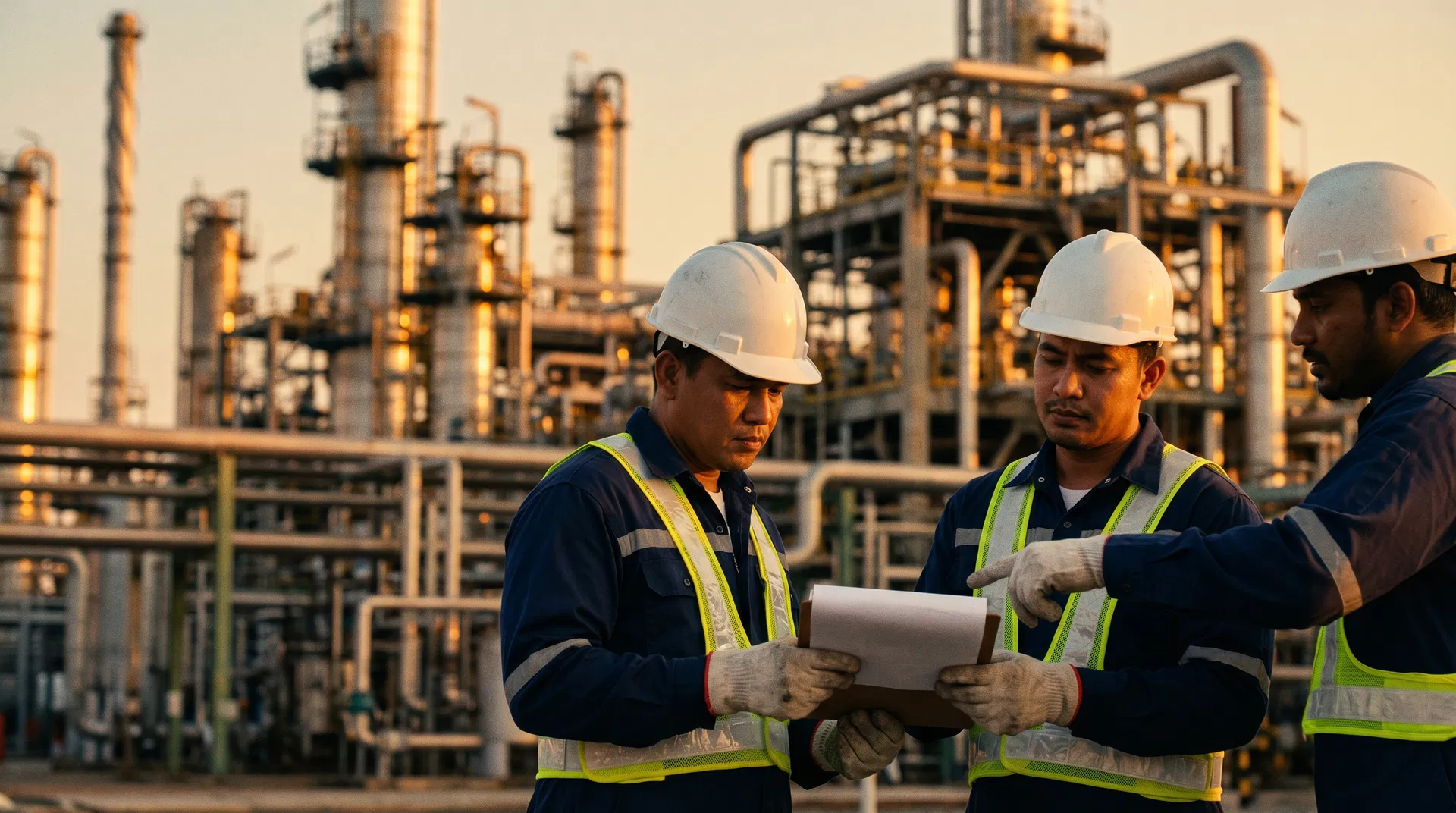 Venezuelan oil and gas workers reviewing documents at a refinery facility at sunset