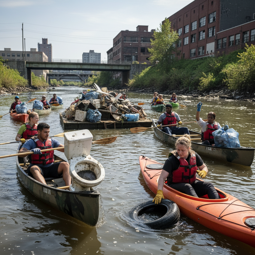 Mutirão limpa rio Itapocu em SC e retira vaso sanitário, pneus e ar-condicionado