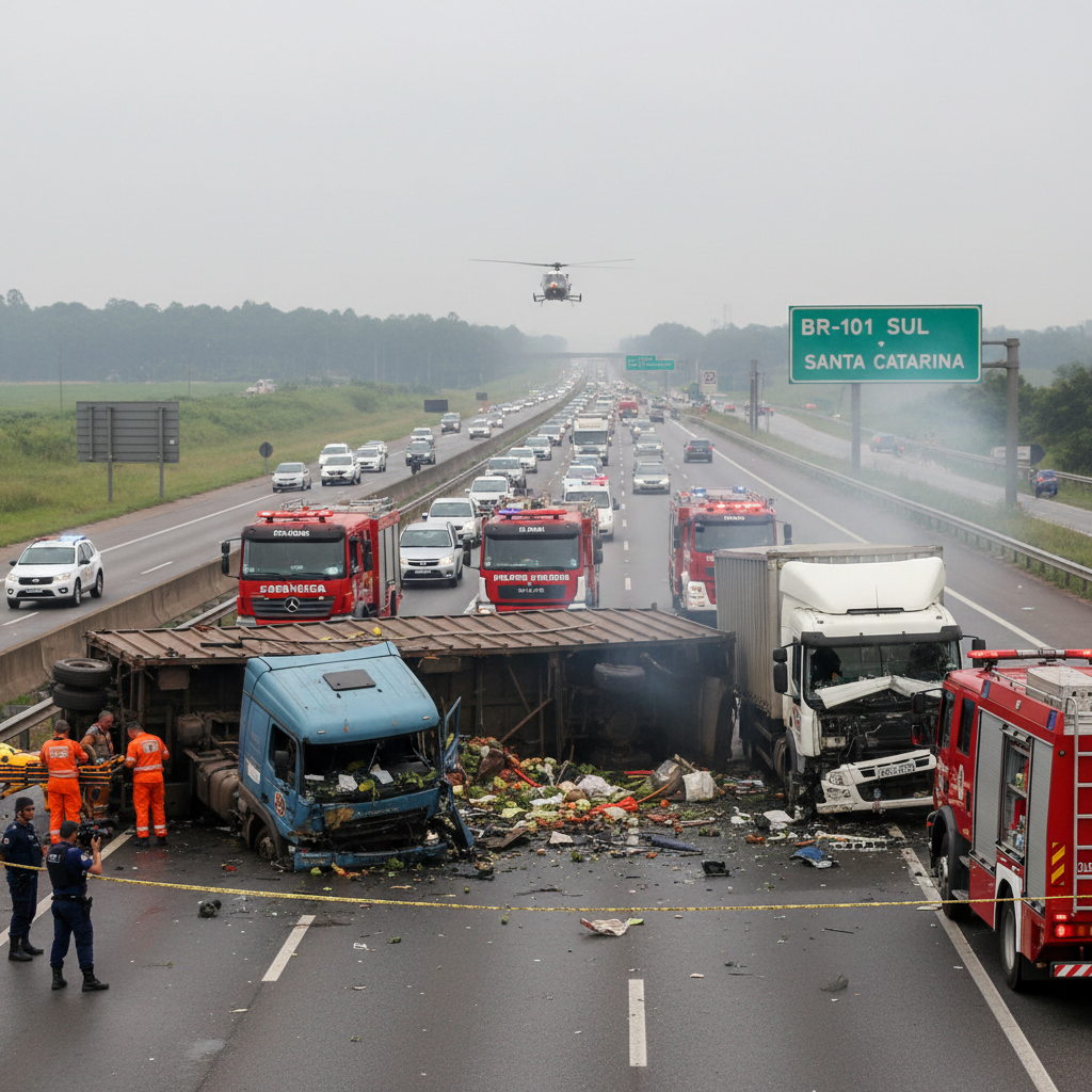 Colisão violenta em SC: Dois caminhoneiros morrem e cabines ficam esmagadas