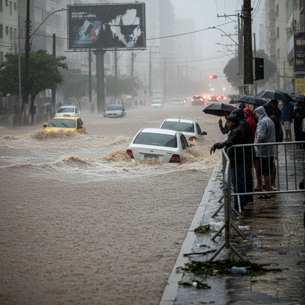 Chuva forte transforma rua em rio e causa alagamentos em SC