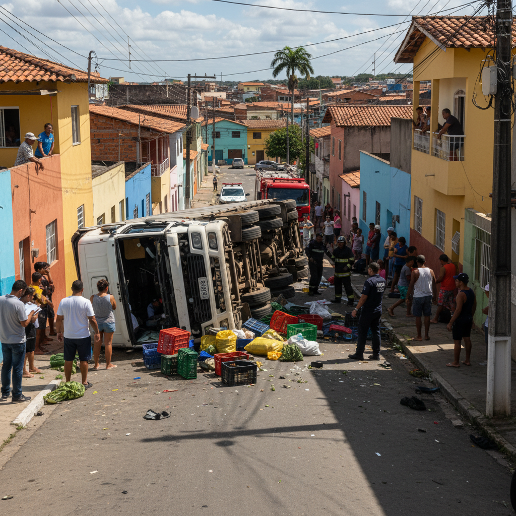 Caminhão tomba no bairro Cordeiros, em Itajaí, e mobiliza equipes