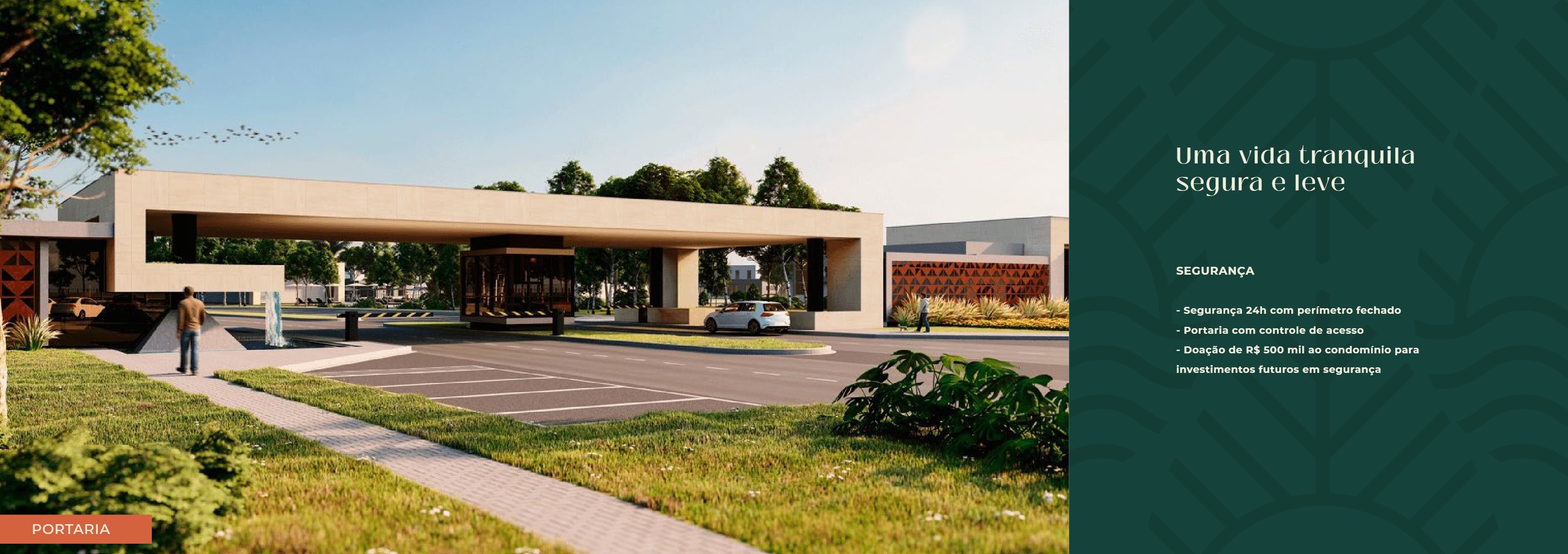 Detalhe do paisagismo e áreas verdes do empreendimento, com foco na integração com a natureza.