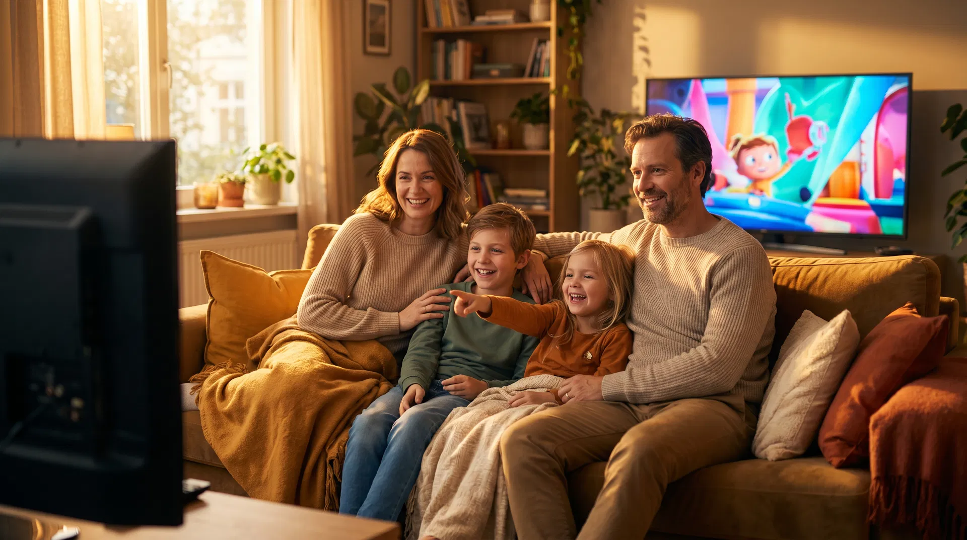 Happy family watching wholesome content together