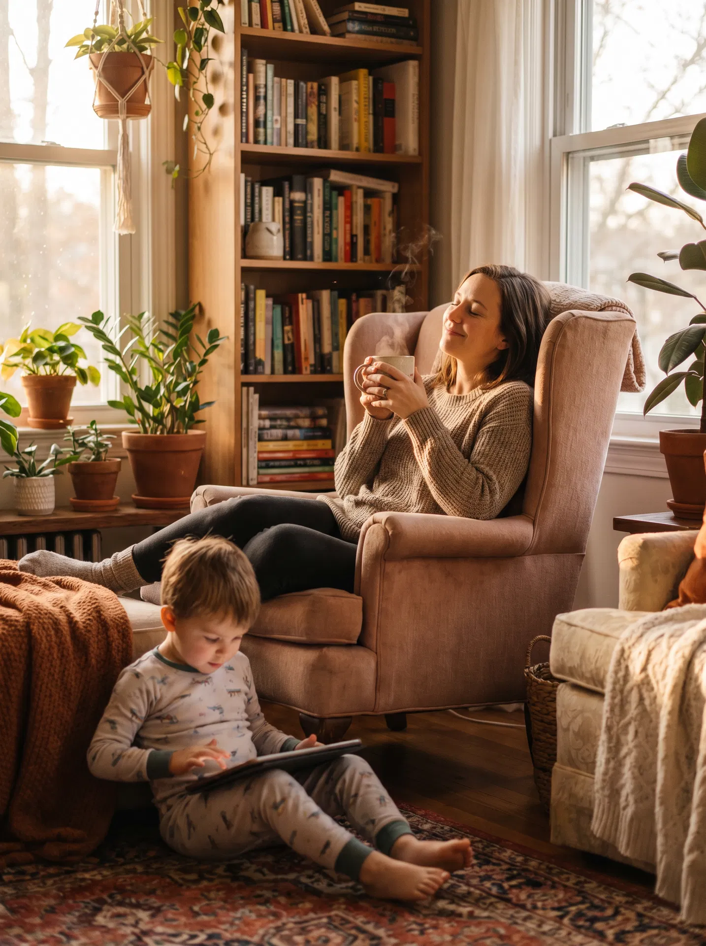 Mother relaxing peacefully while child watches FAM