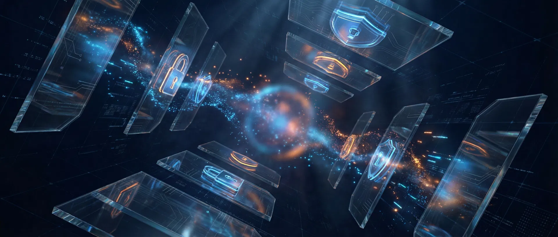 Fond futuriste coffre-fort digital avec panneaux holographiques bleu et orange