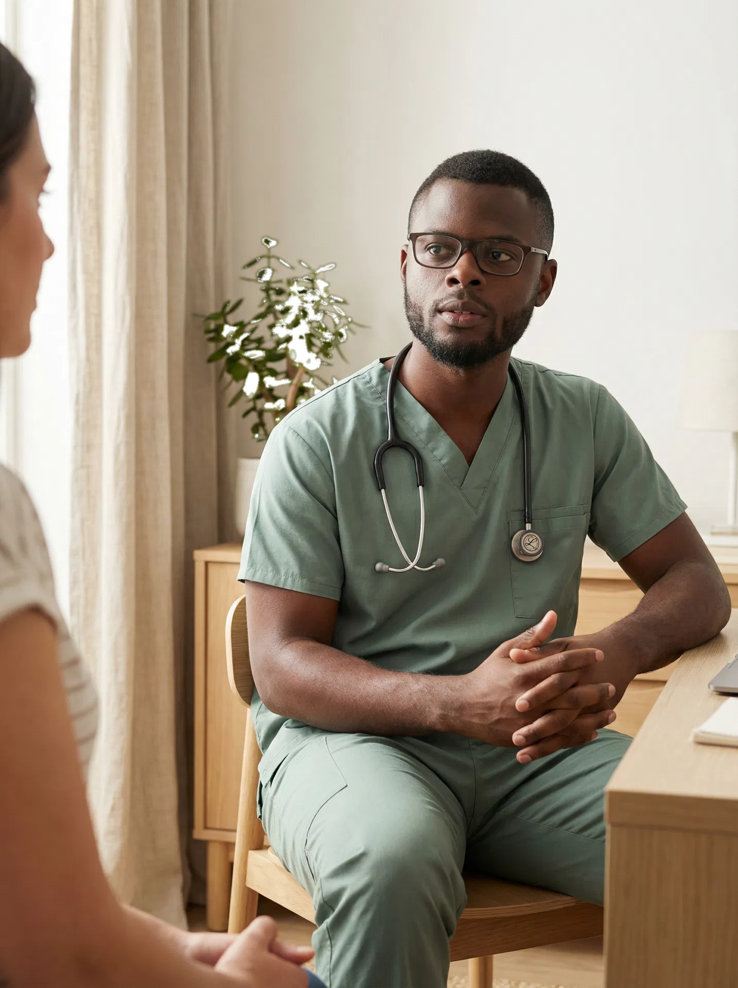A consultation portrait inspired by Dr. Ovie Ikogho in a calm clinic setting.