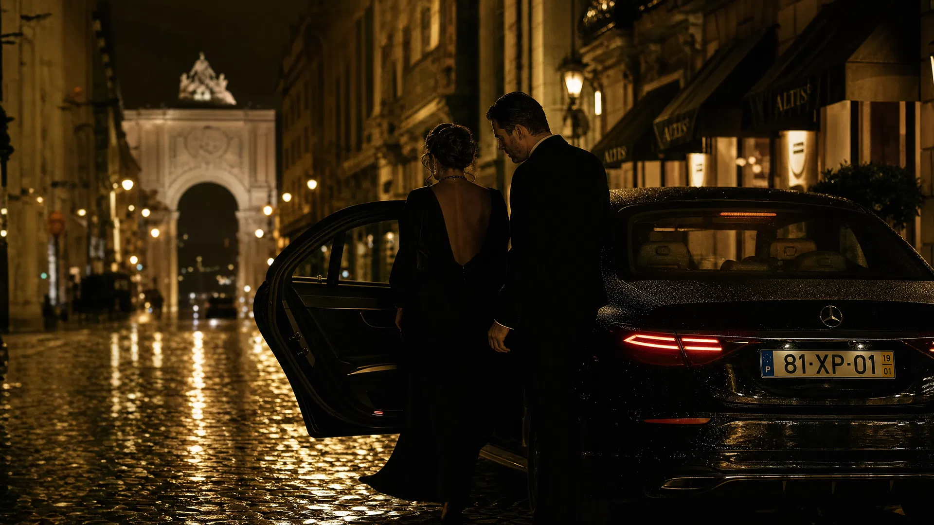 Elegant couple entering a luxury car in Lisbon