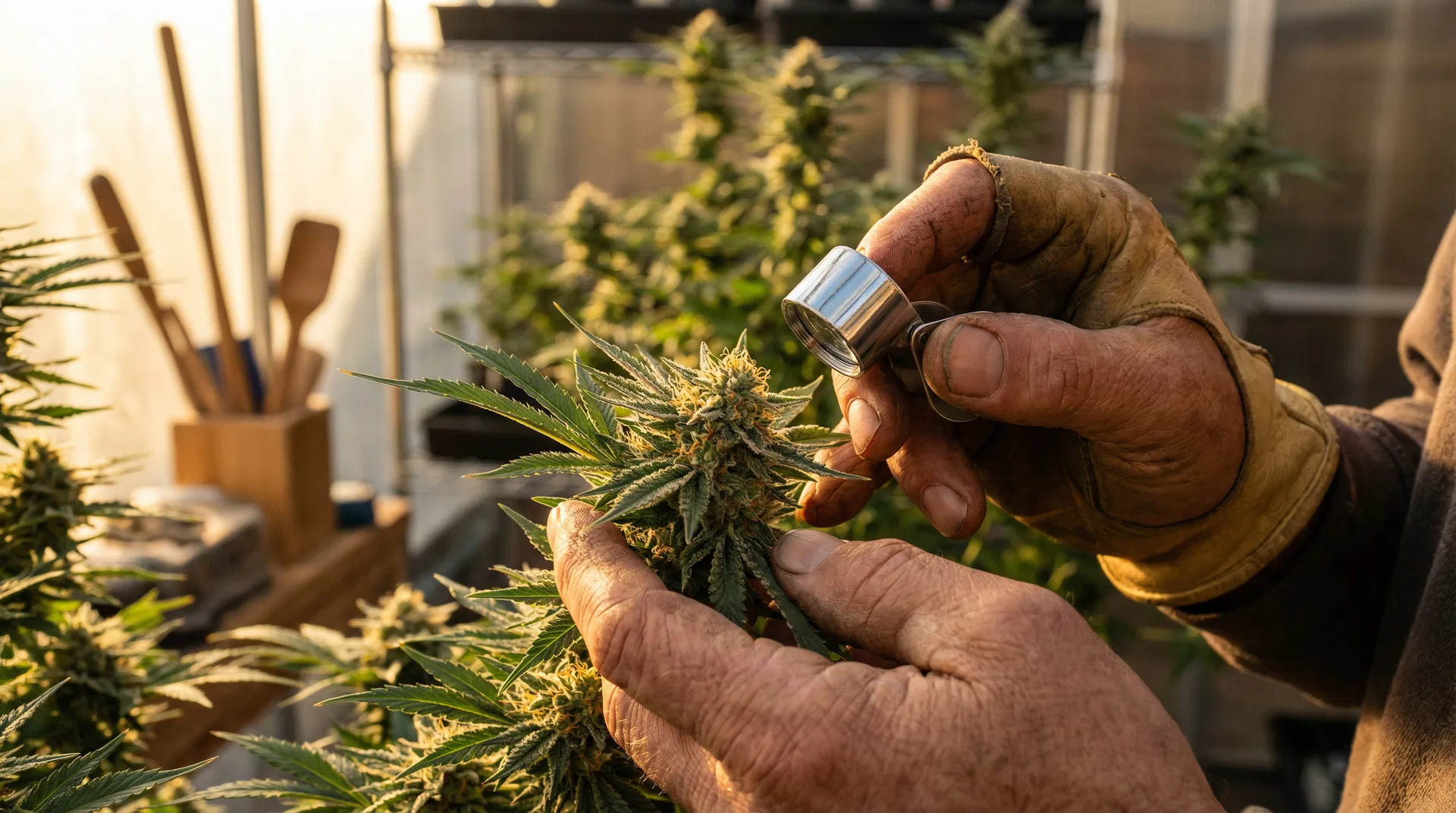Expert inspecting cannabis plant trichomes