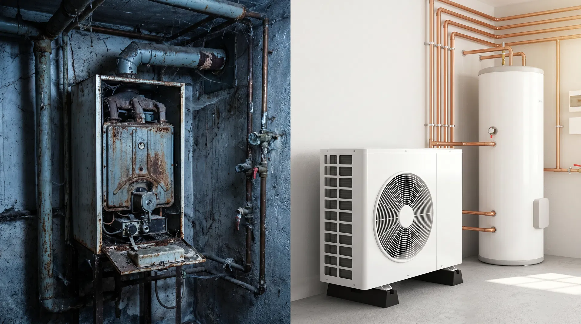 Vorher: Alte Gasheizung – Nachher: Moderne Wärmepumpe