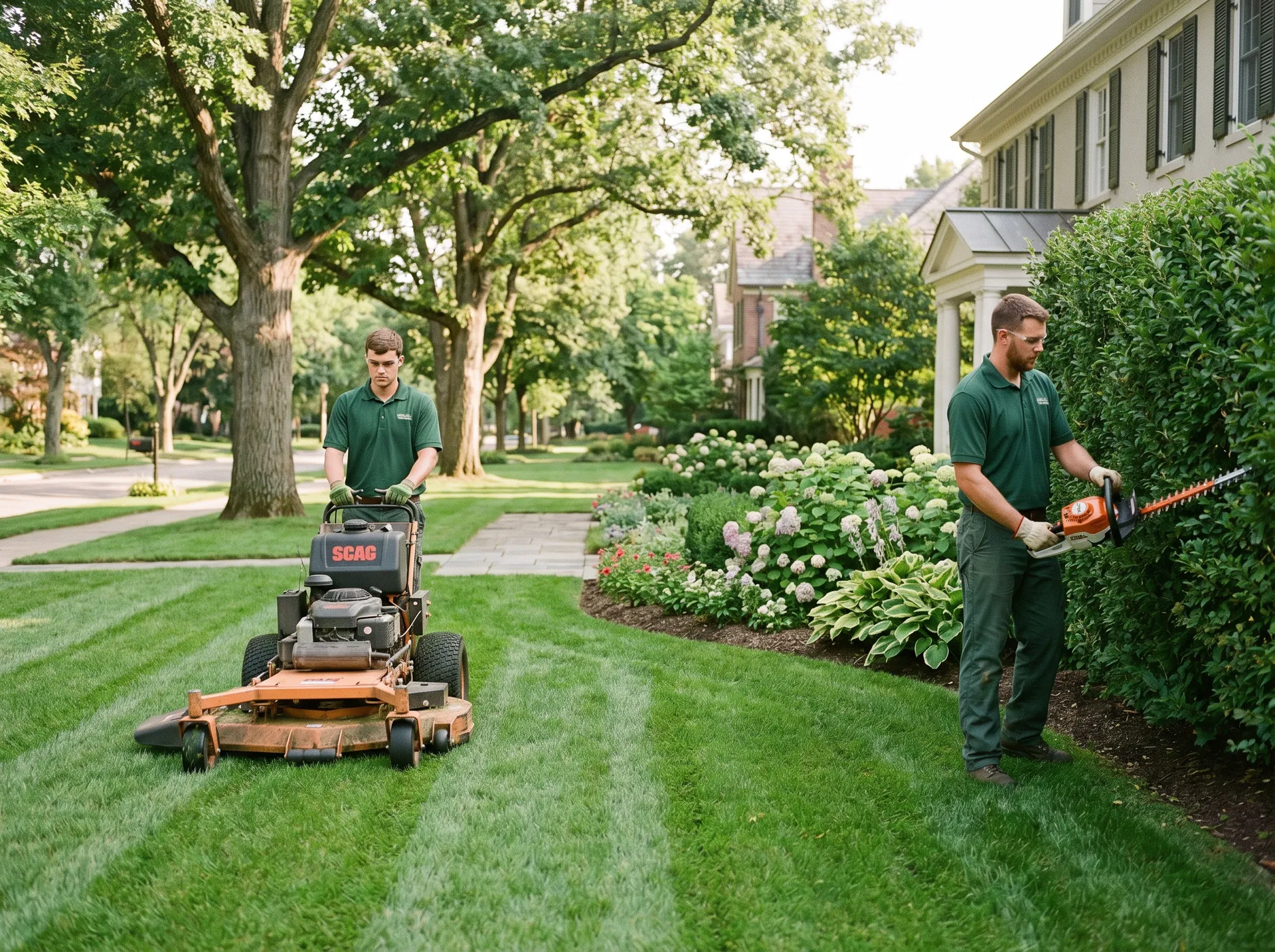 Strite's Lawn Care crew working on a residential property