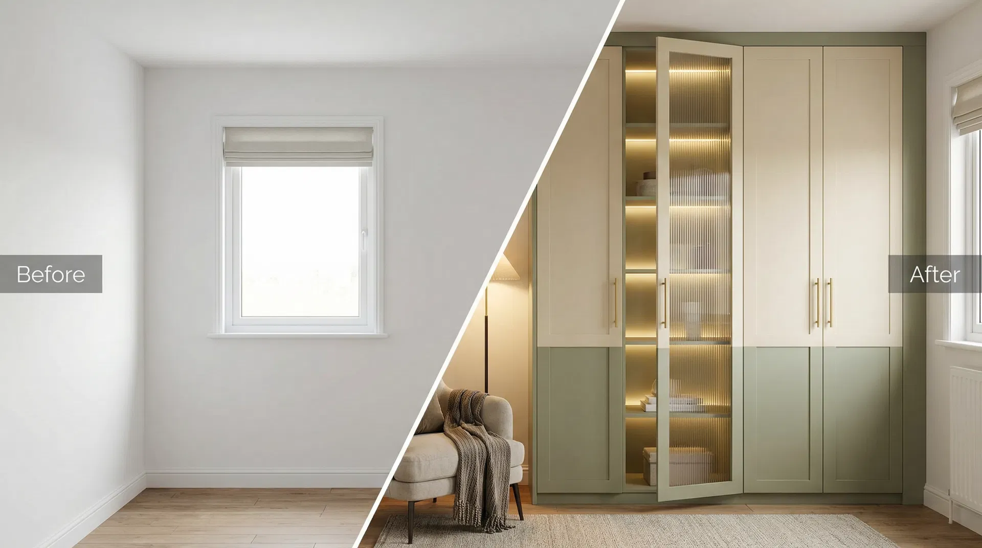 AI Room Visualiser before and after — empty bedroom transformed with bespoke fitted wardrobes