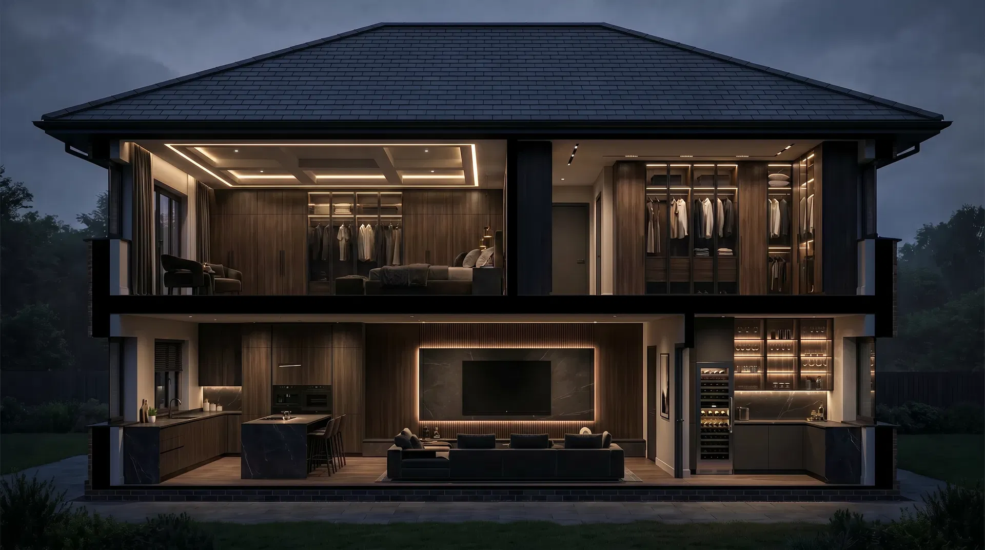 Modern luxury home cross-section — fitted wardrobes, kitchen, media wall