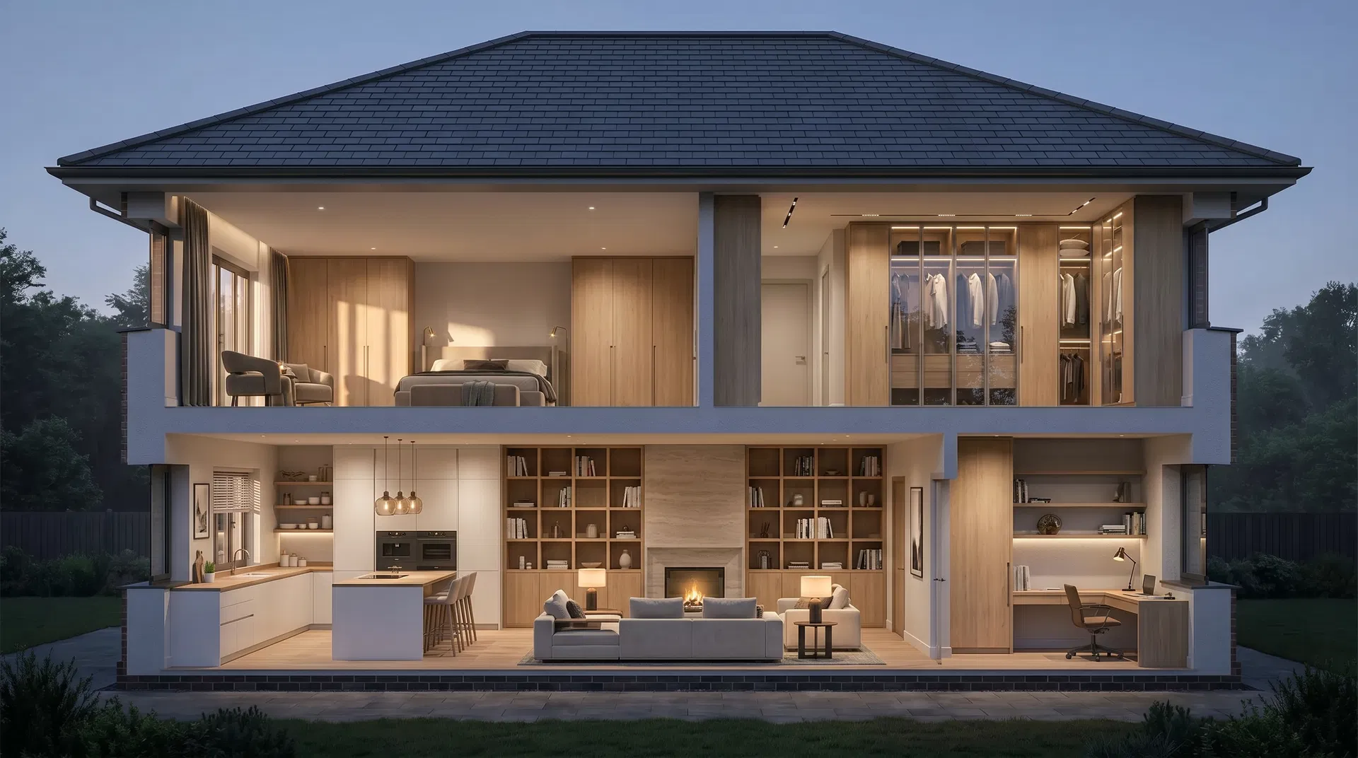 Scandinavian-style home cross-section — light oak wardrobes, home office, bookcase wall