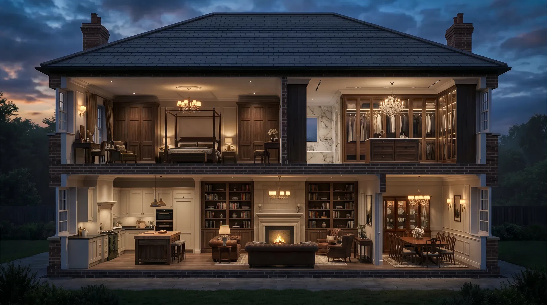 Classic British home cross-section — walnut wardrobes, shaker kitchen, formal living room