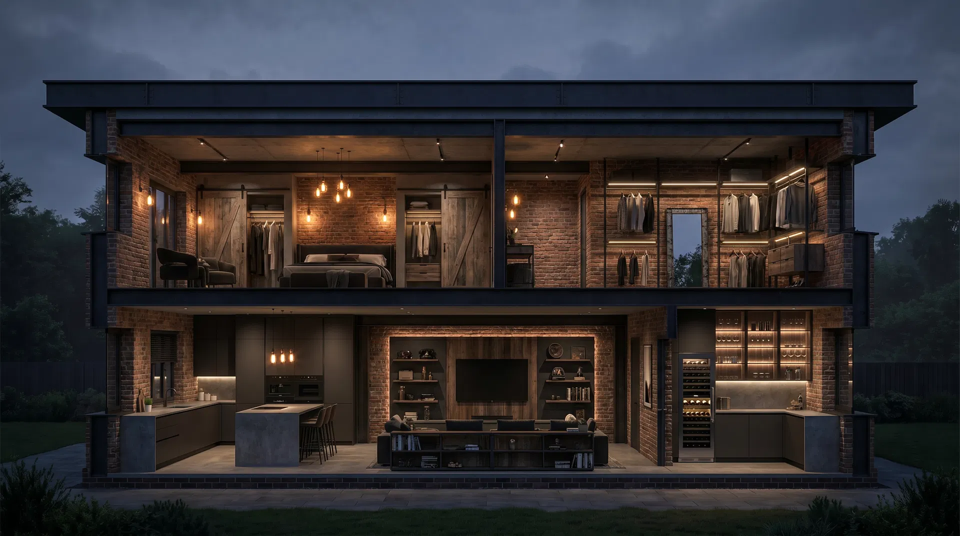 Industrial chic home cross-section — exposed brick, barn-door wardrobes, concrete kitchen