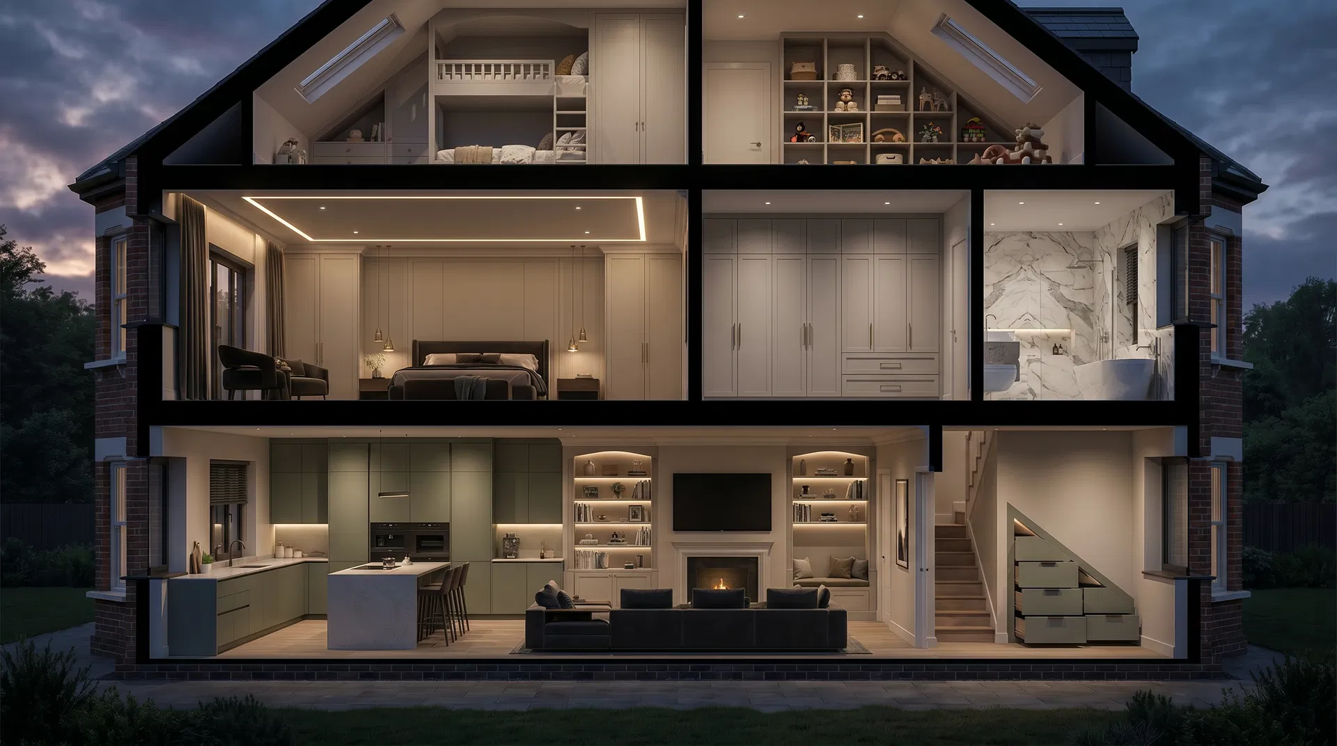 Victorian family home cross-section — sage green kitchen, under-stairs storage, kids loft