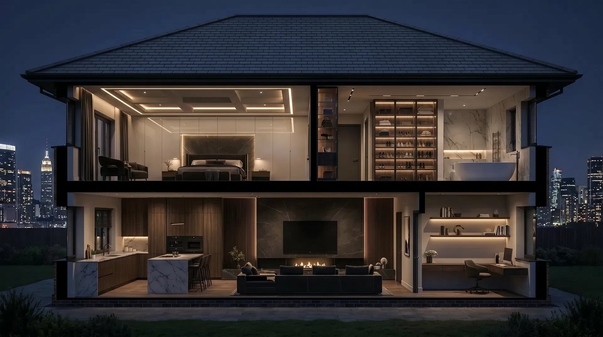 Modern penthouse cross-section — high-gloss wardrobes, marble kitchen, media wall with fireplace