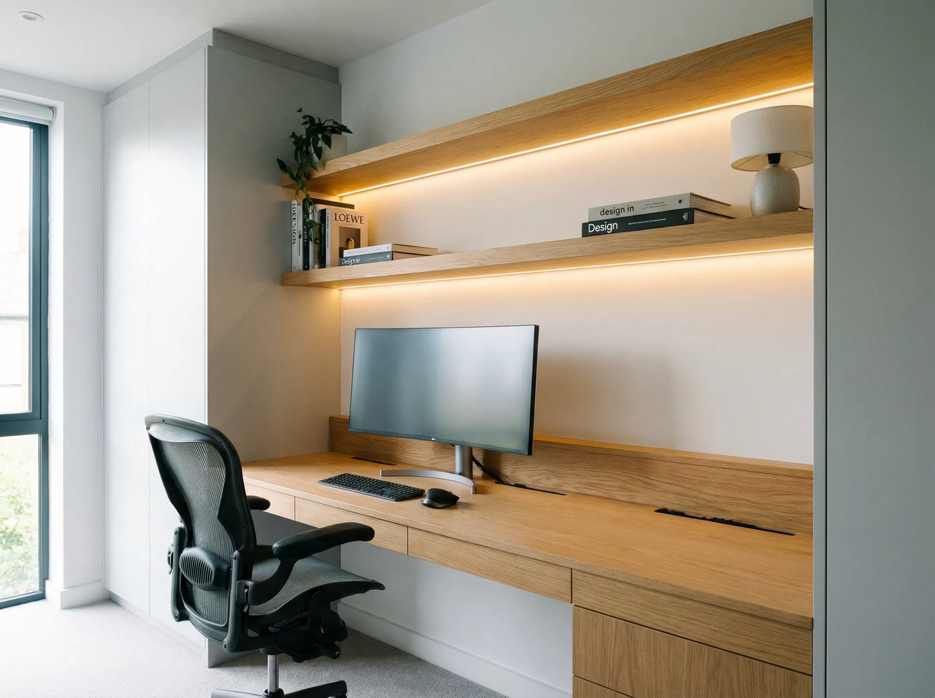 Modern Fitted Home Office with LED Shelving