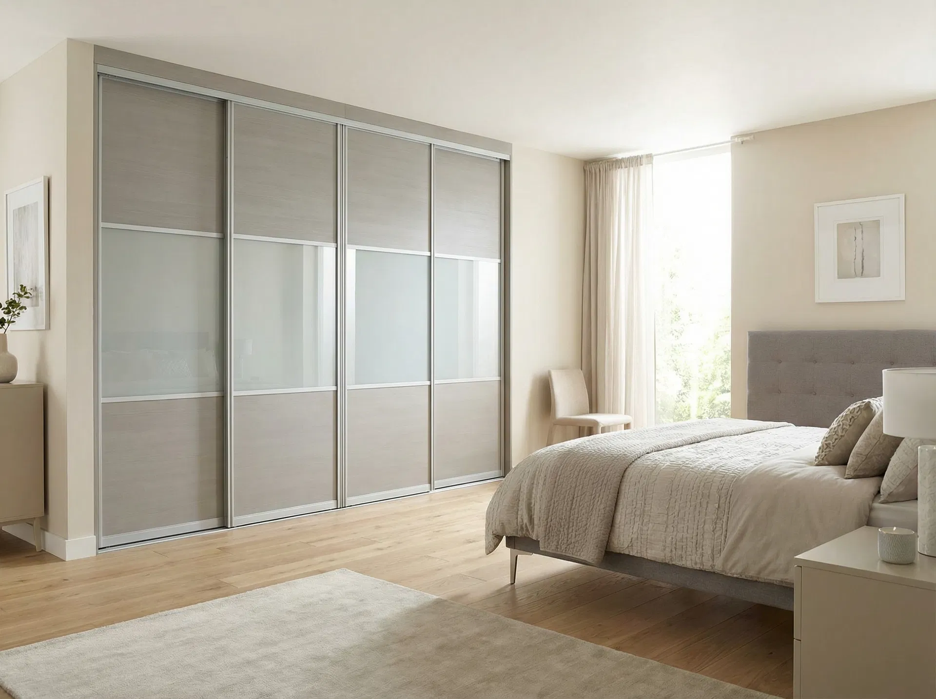 Light Grey Sliding Wardrobe with Glass Panels
