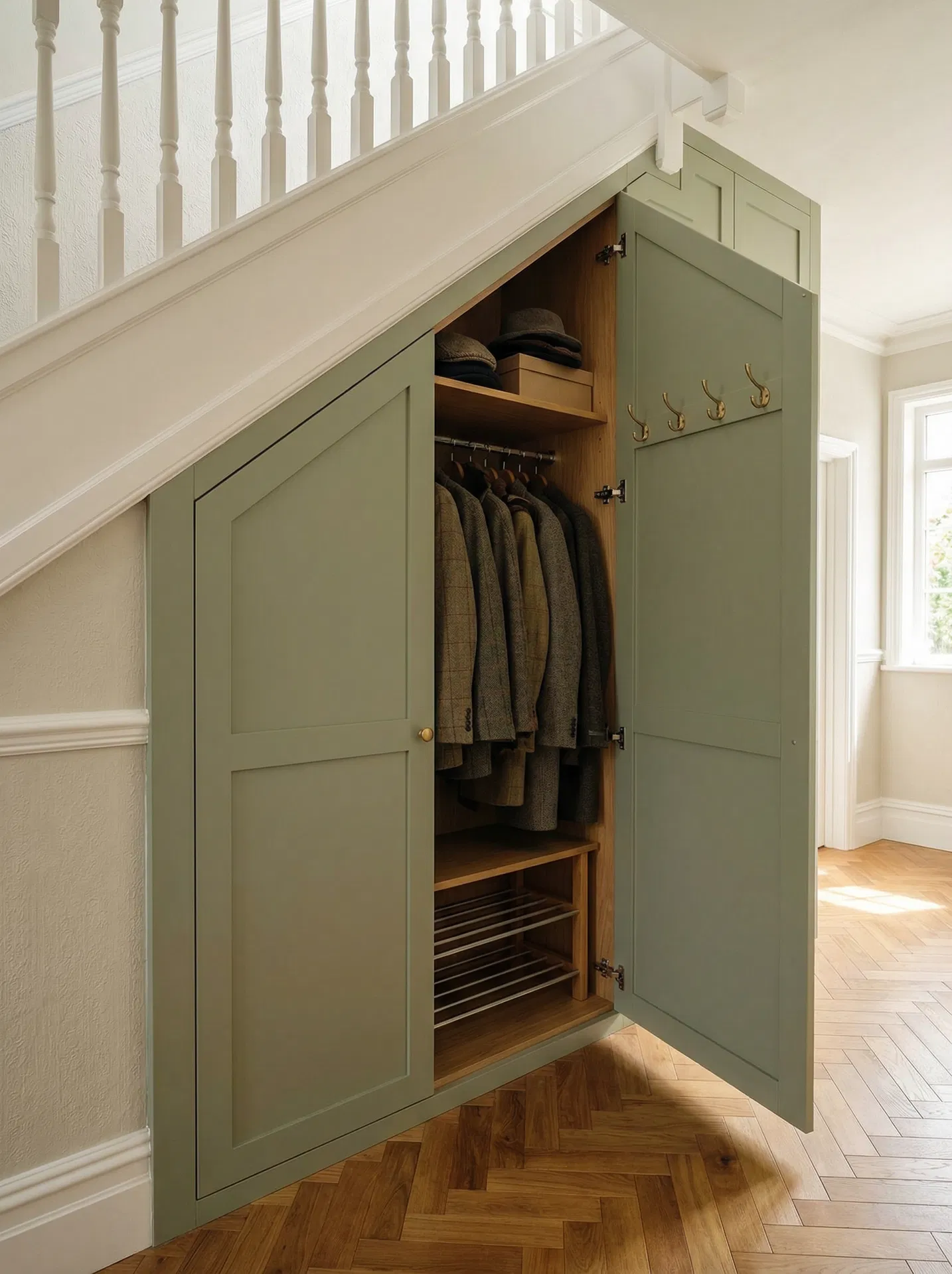 Sage Green Under-Stairs Coat Wardrobe