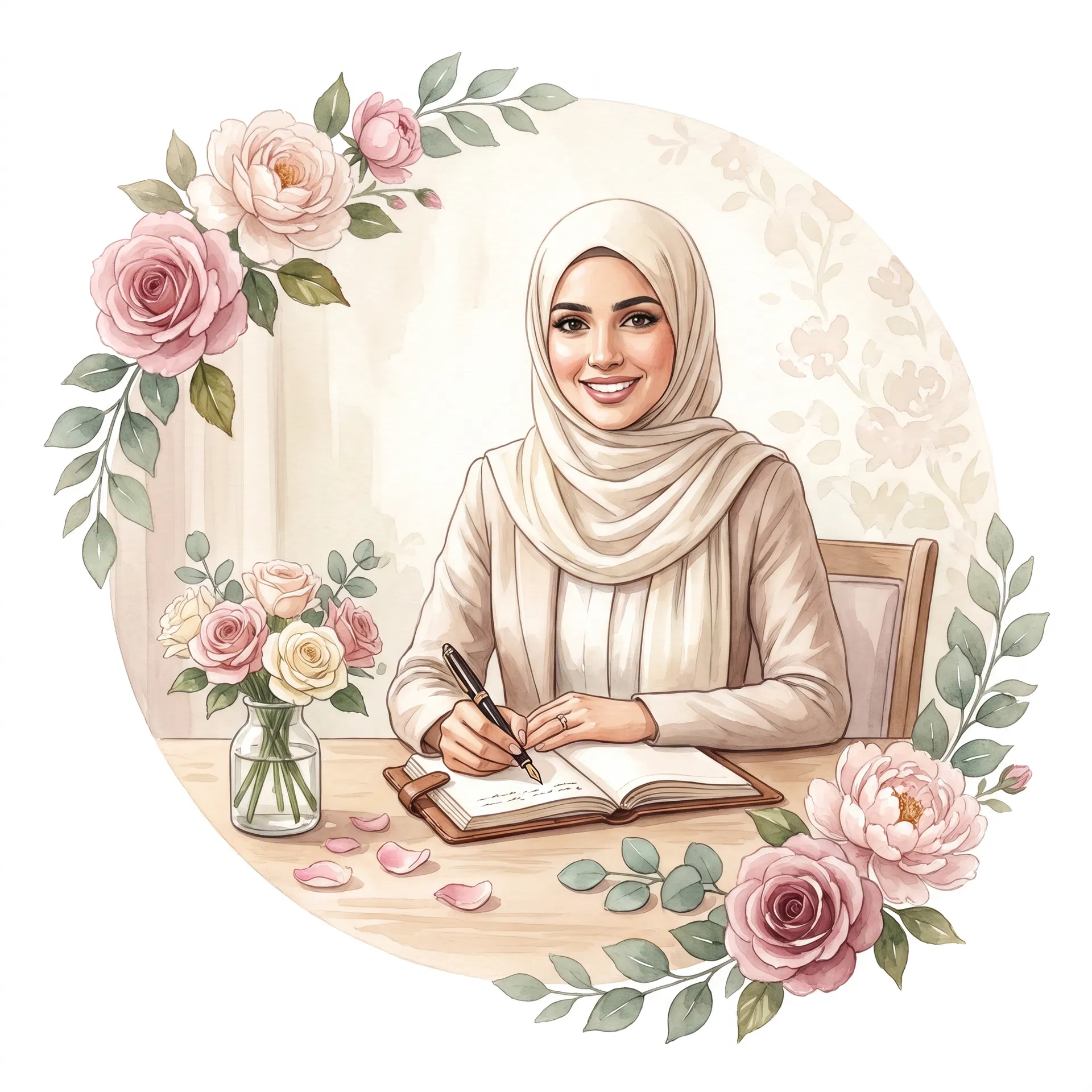 إدارية محجبة على مكتبها وحولها ورود