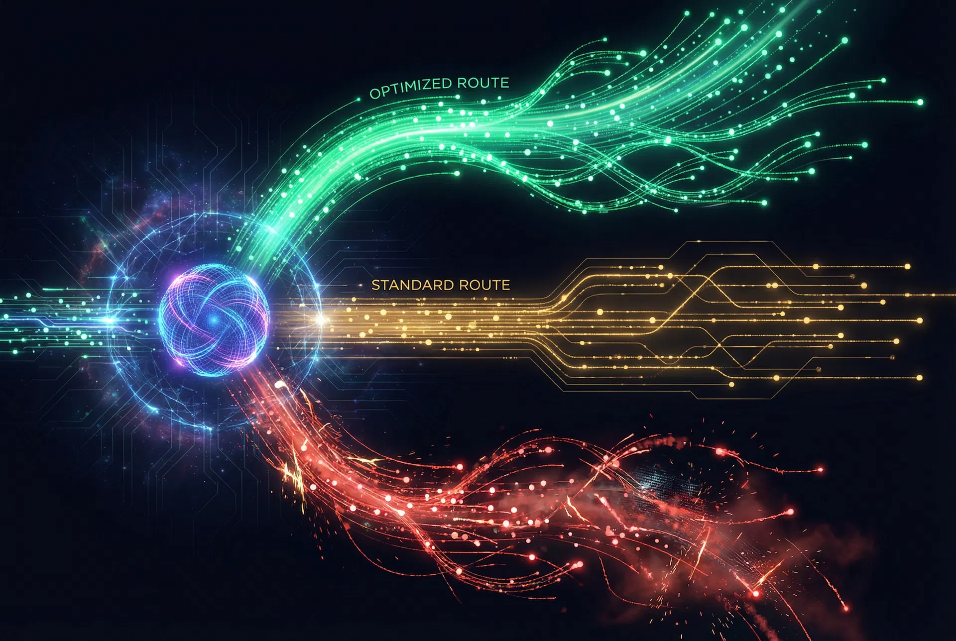 Intelligent routing visualization showing optimized, standard, and wasteful paths