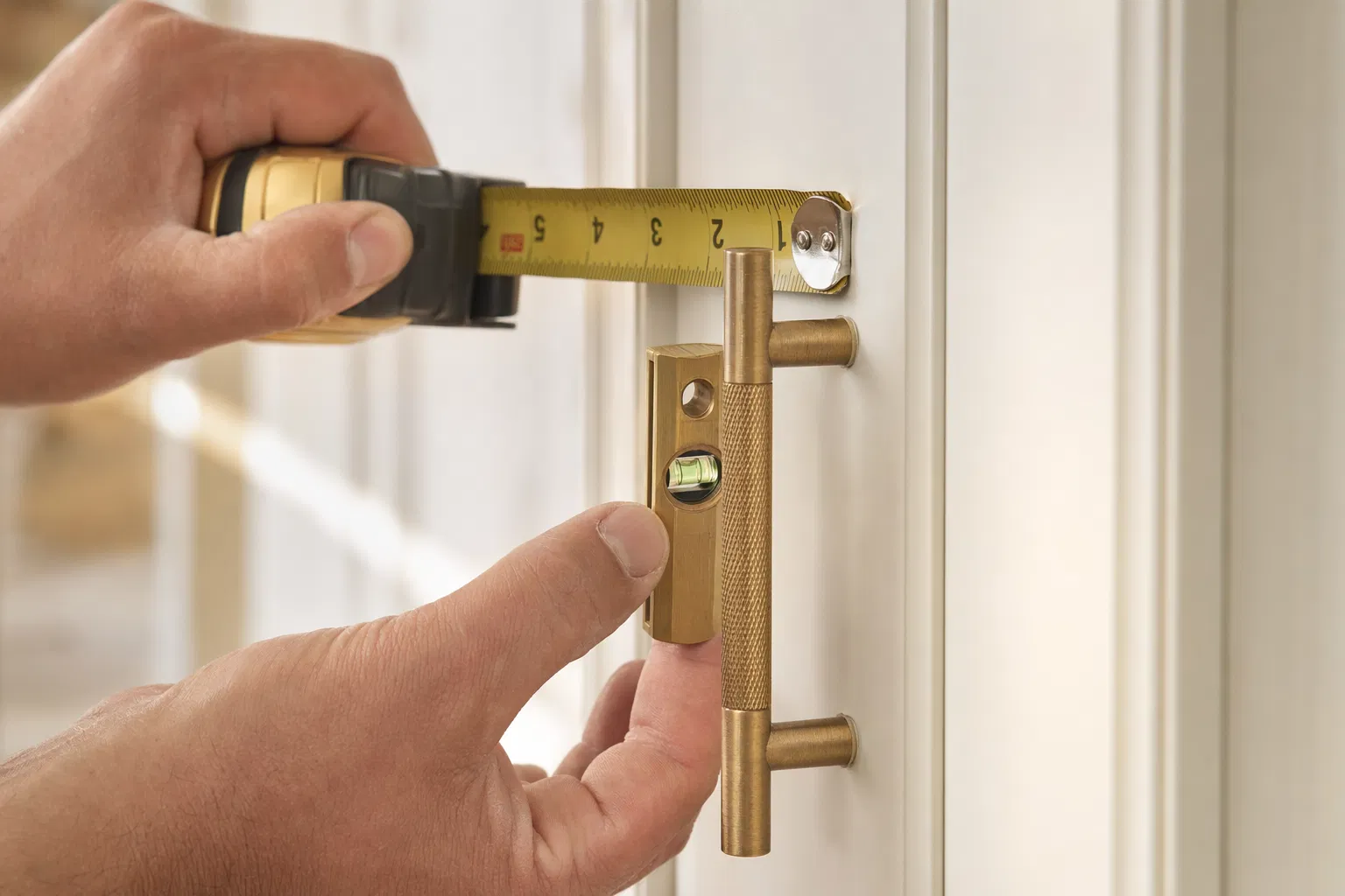 Craftsman measuring a newly installed brushed-brass cabinet handle