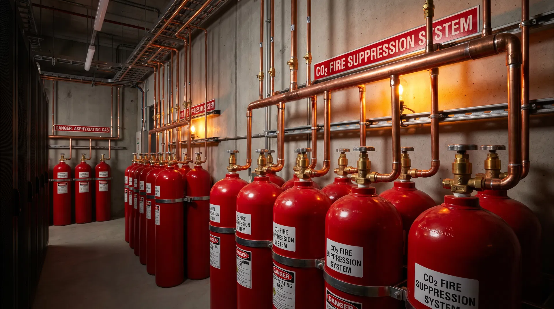 Sistema fixo de CO₂ com cilindros vermelhos e tubulação de cobre