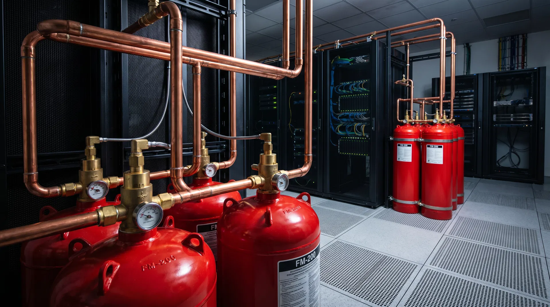 Sistema FM-200 instalado em data center com cilindros vermelhos