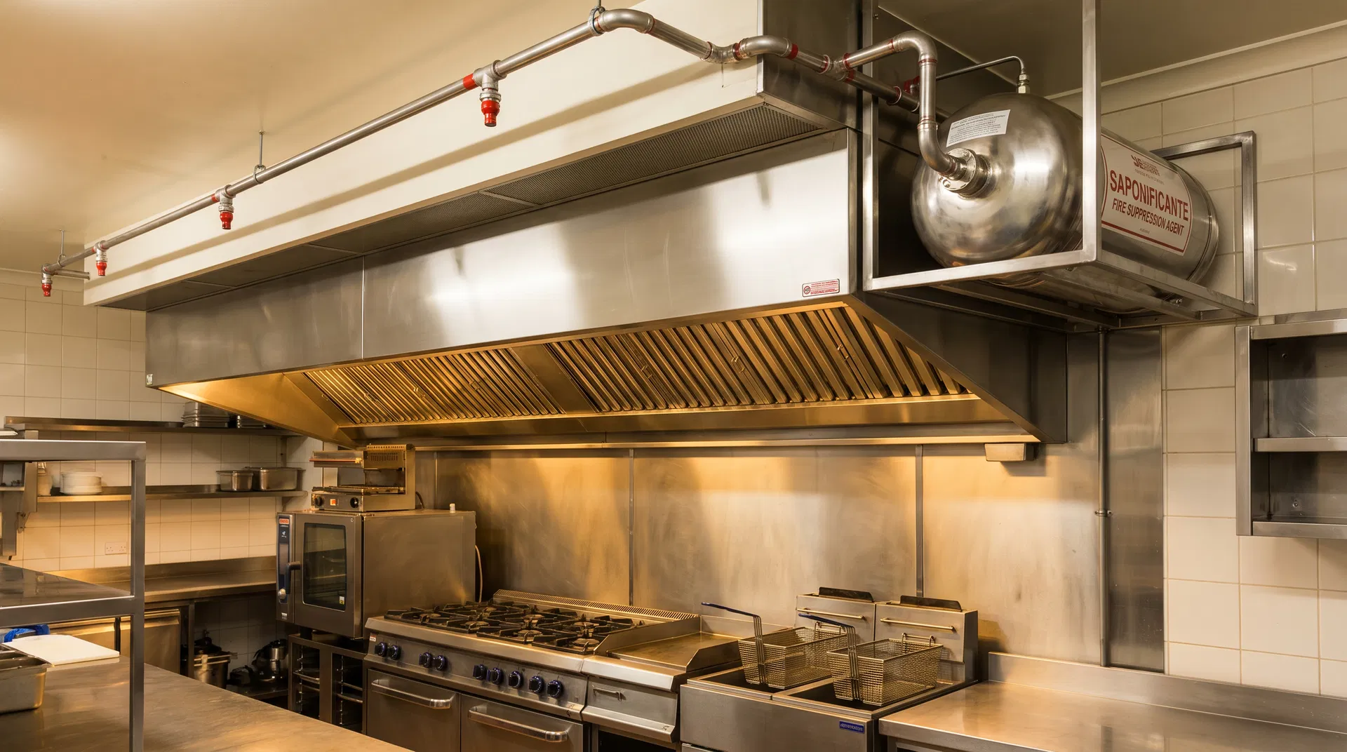 Sistema saponificante instalado em cozinha industrial