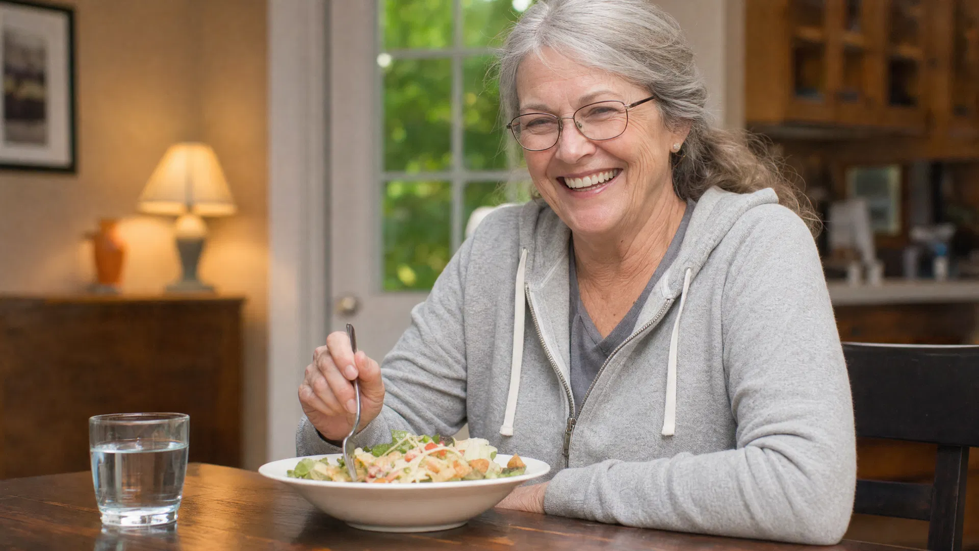 Older woman smiling and enjoying a meal without heartburn