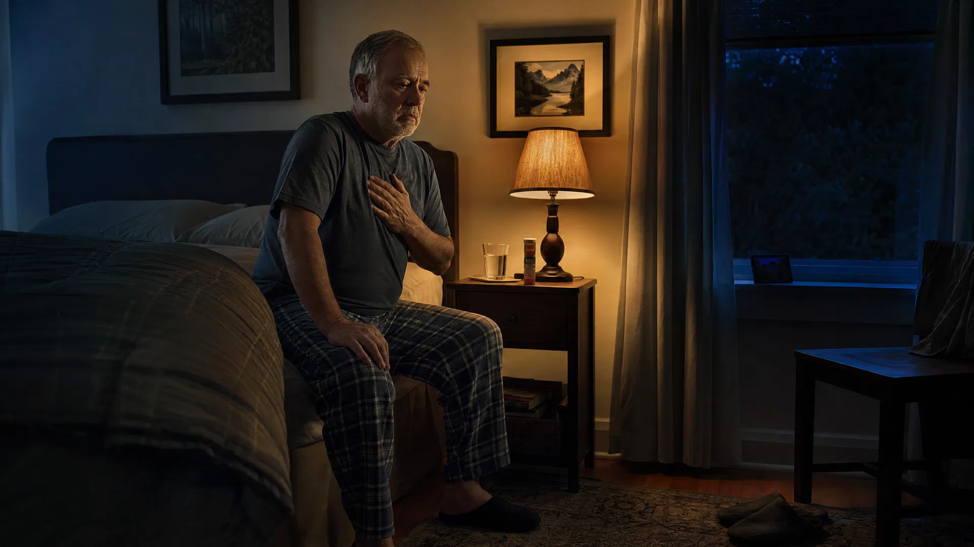 Man awake at night with reflux discomfort