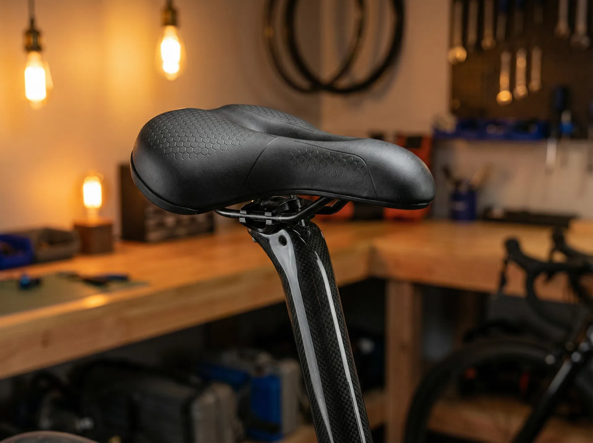 The Ascent Saddle mounted on a road bike in a warm-lit workshop