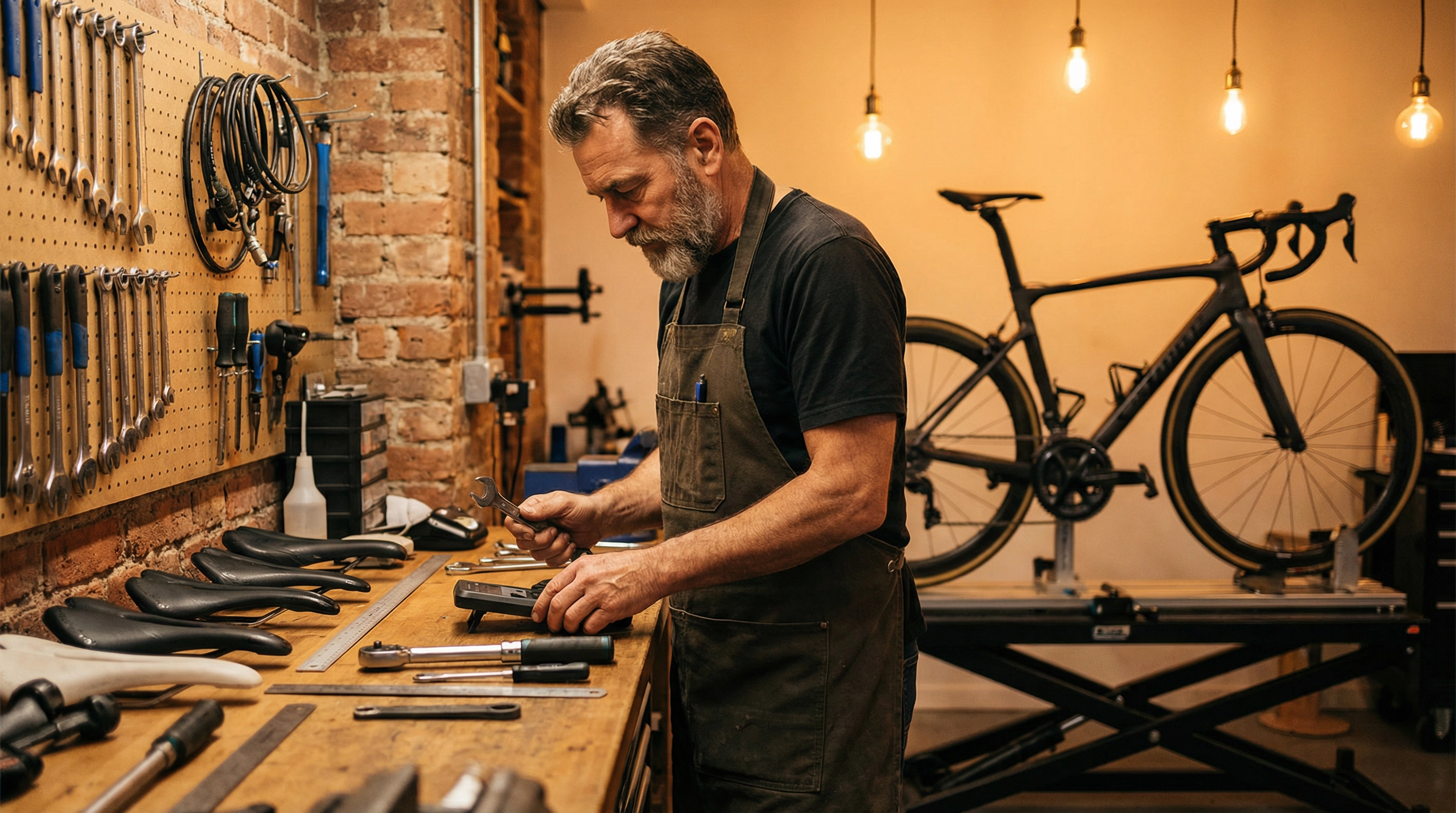 Professional bike fitter in workshop
