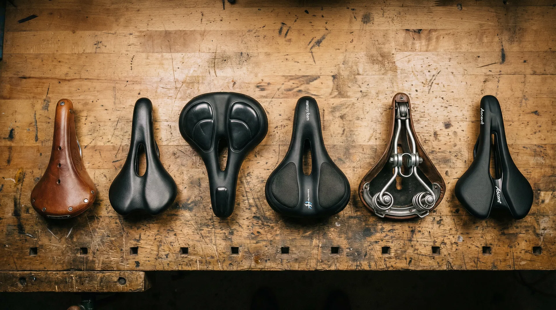 Multiple saddles laid out on a workbench for comparison