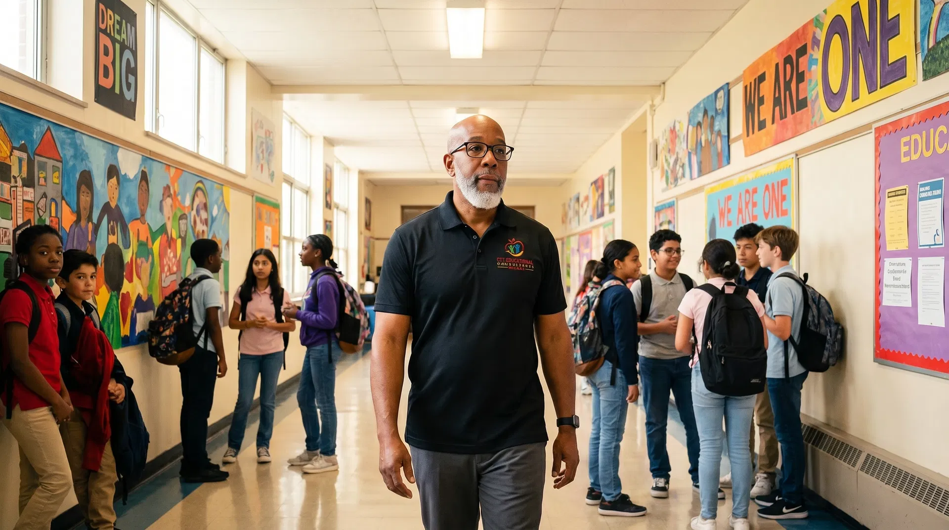 CTT CEO Brian A. Bunch Sr. walking through a school hallway with diverse students