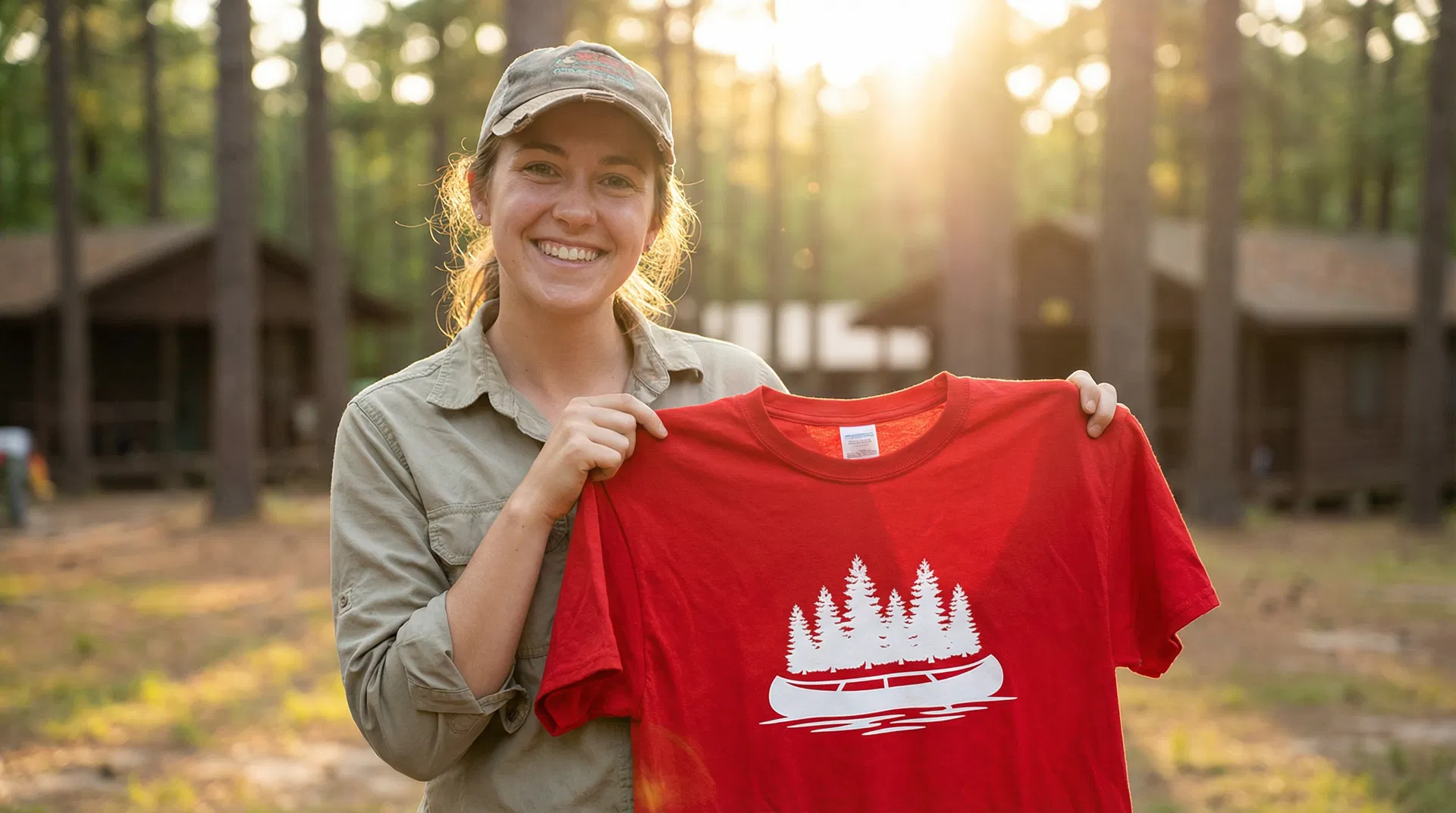 Camp counselor holding up a custom printed camp t-shirt in golden summer sunlight
