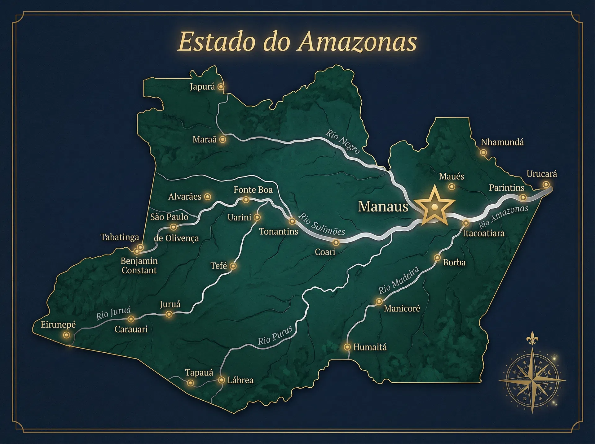 Mapa artístico do estado do Amazonas com os 25 municípios atendidos pelo projeto Oftalmologia Humanitária marcados com pinpoints dourados