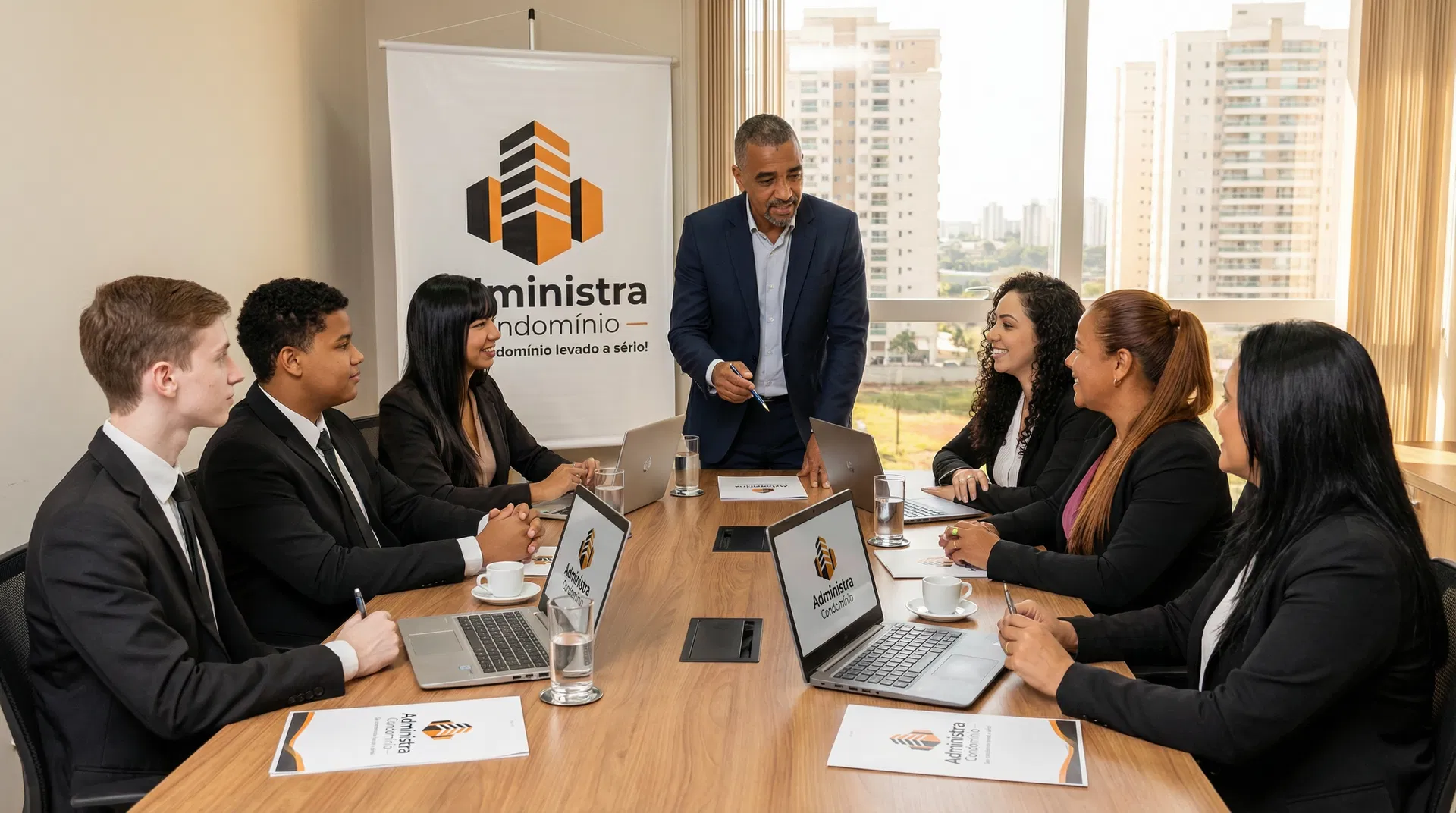 Equipe da Administra Condomínio - Lúcio Furtado Carvalho e colaboradores em reunião de gestão condominial em Brasília