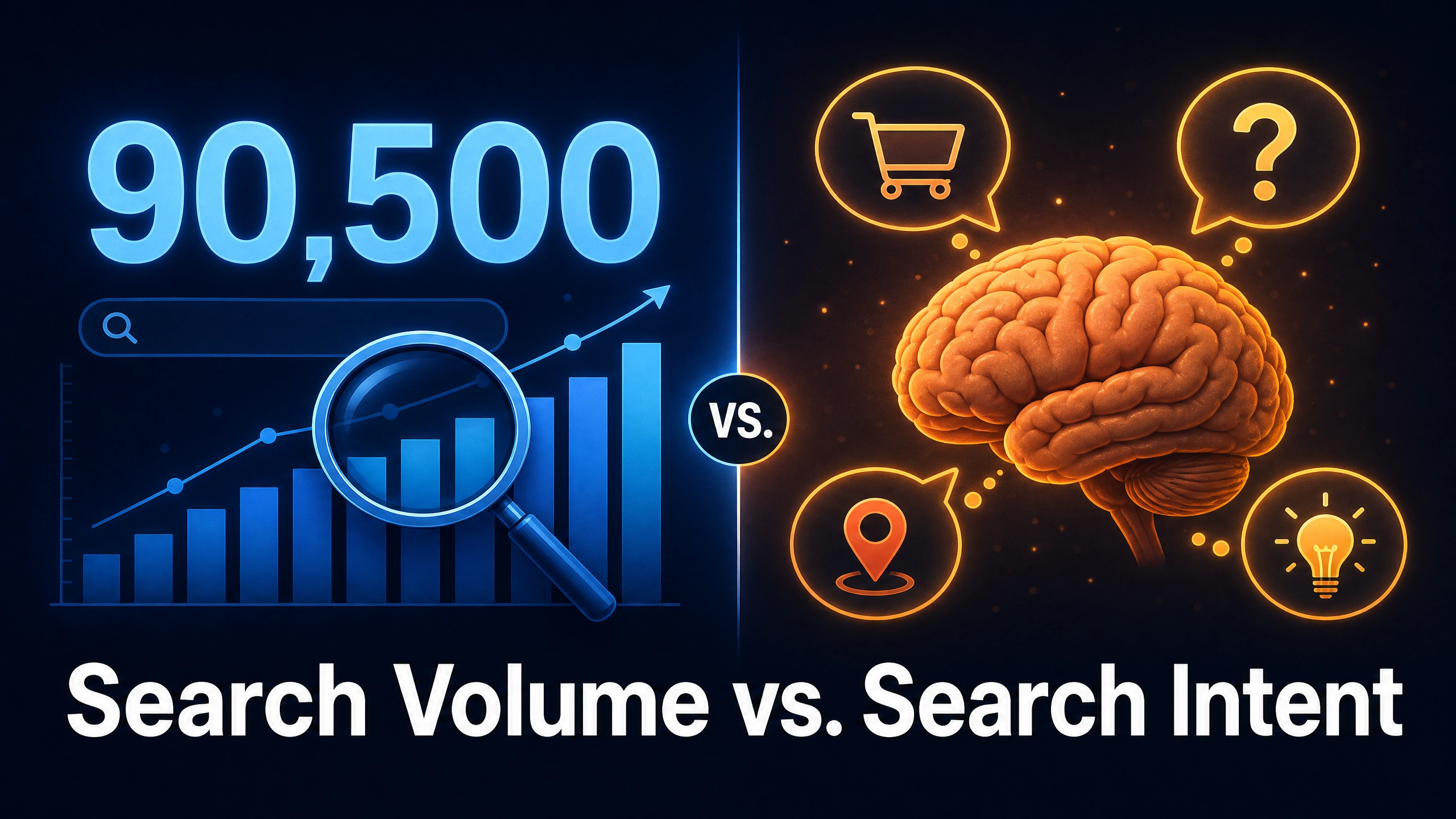 Search volume versus search intent comparison illustration showing a bar chart on the left and a brain with intent icons on the right