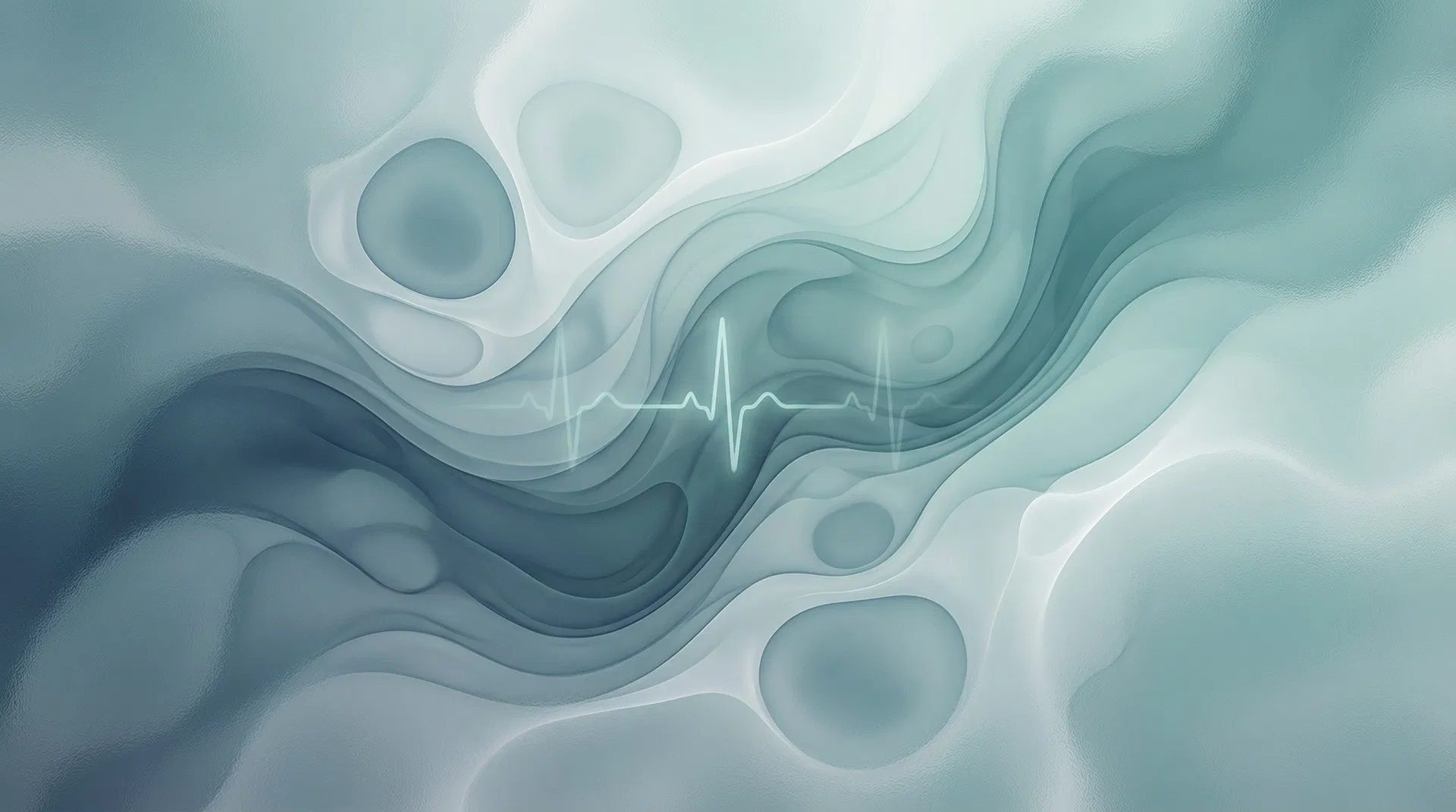 Visualização abstrata de saúde com ondas em tons de teal e azul representando vitalidade e bem-estar