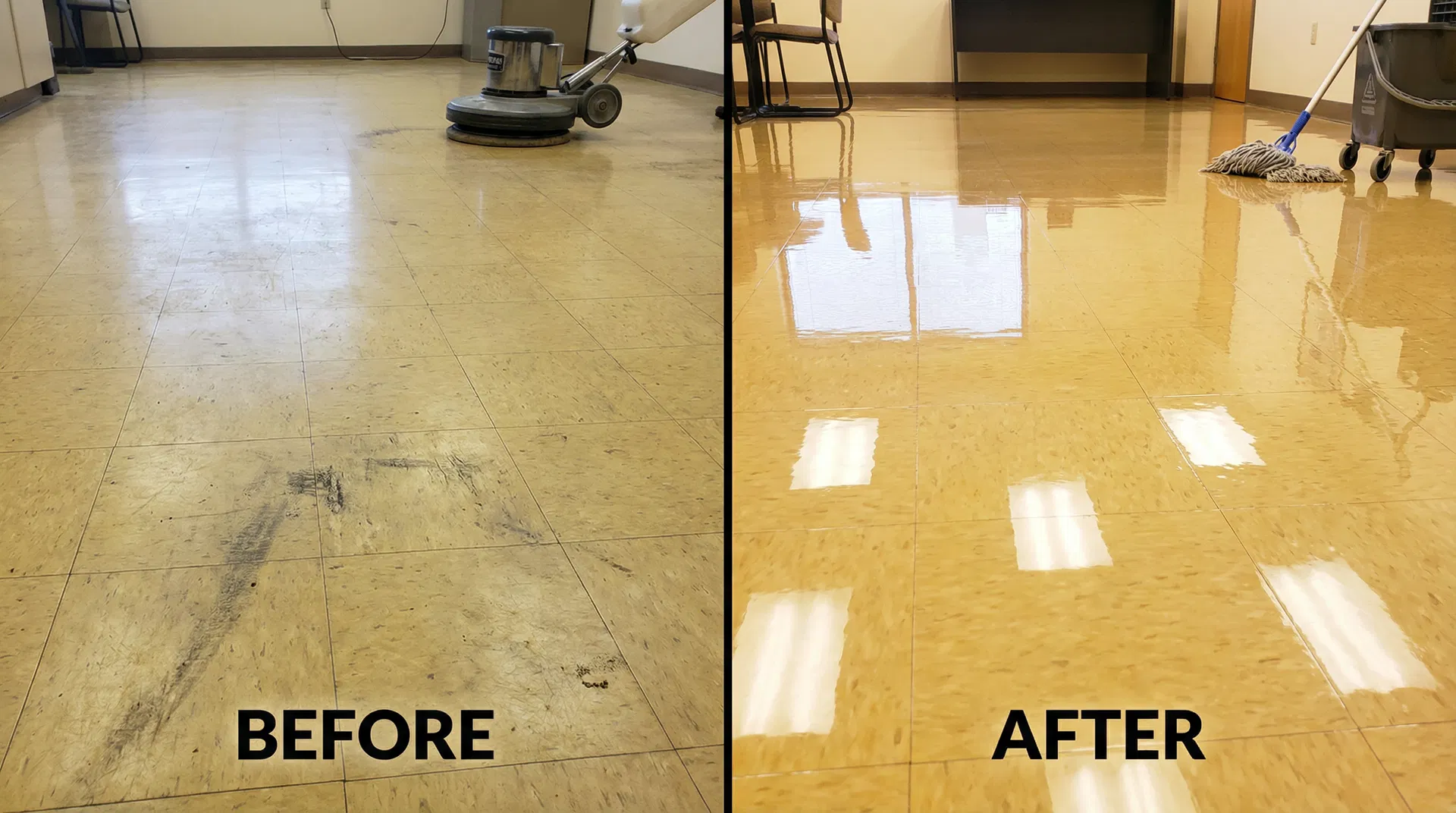 Commercial floor before and after strip and wax service — left shows dull scuffed VCT tile, right shows mirror-finish gleaming floor after Kadosh professional treatment