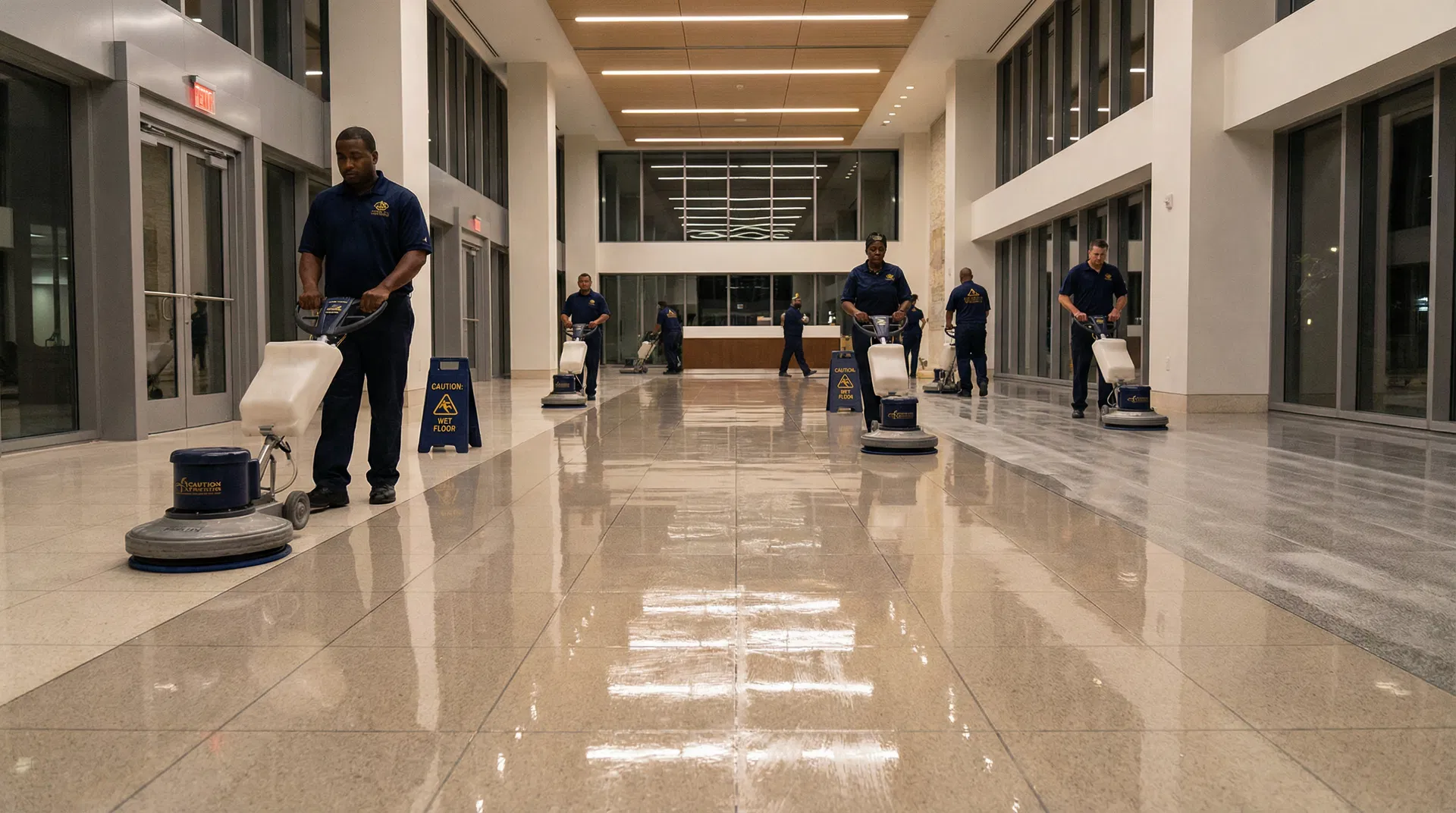 Professional floor strip and wax service in Atlanta office building lobby — uniformed Kadosh crew operating high-speed burnishing machines on gleaming VCT tile